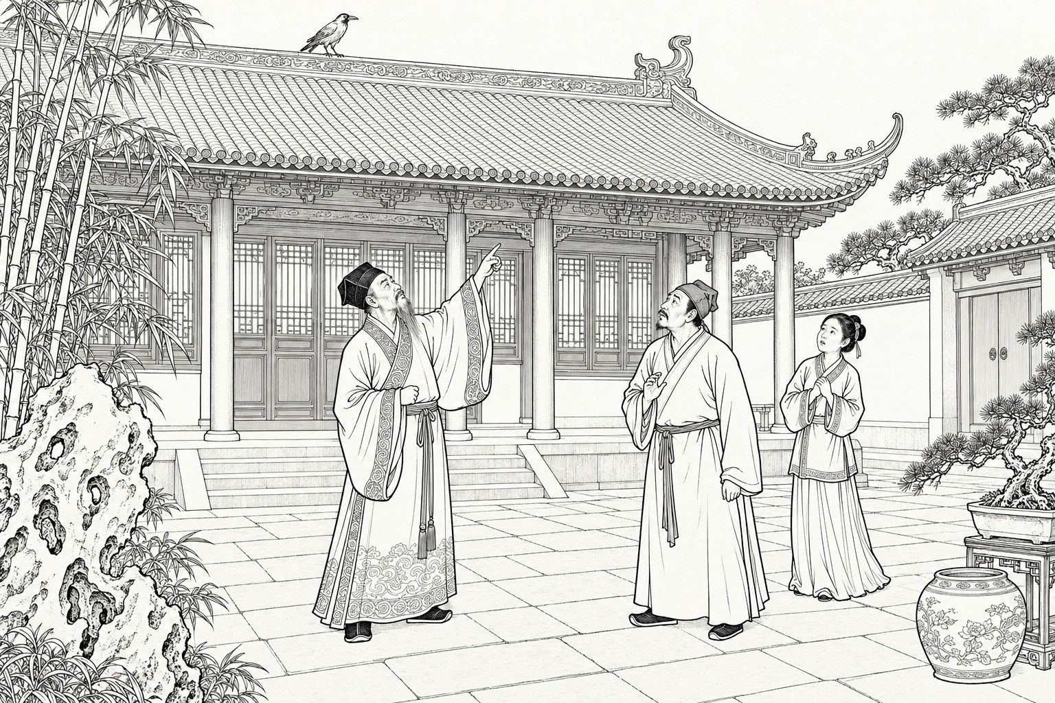 A line drawing in the manner of a late-Qing lithographed edition: in the paved front courtyard of a gentleman's house by day, a bearded old gentleman in a scholar's cap and wide-sleeved gown raises an arm toward a crow-like bird on the tiled roof ridge, while a steward and a young maid beside him look up uneasily, with a garden rock, bamboo, a potted pine and a large porcelain jar around them.