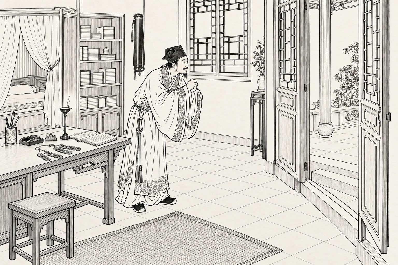 A line drawing in the manner of a late-Qing lithographed edition: on a quiet night in a scholar's study, a lean bearded scholar in a square cap and wide-sleeved gown stands beside his desk and bows with clasped hands toward a double door swung half open onto an empty porch, while strings of copper cash, an open book, a small lamp and brushes lie on the desk, with a bookshelf, a hanging zither, a curtained bed and a lattice window behind him.