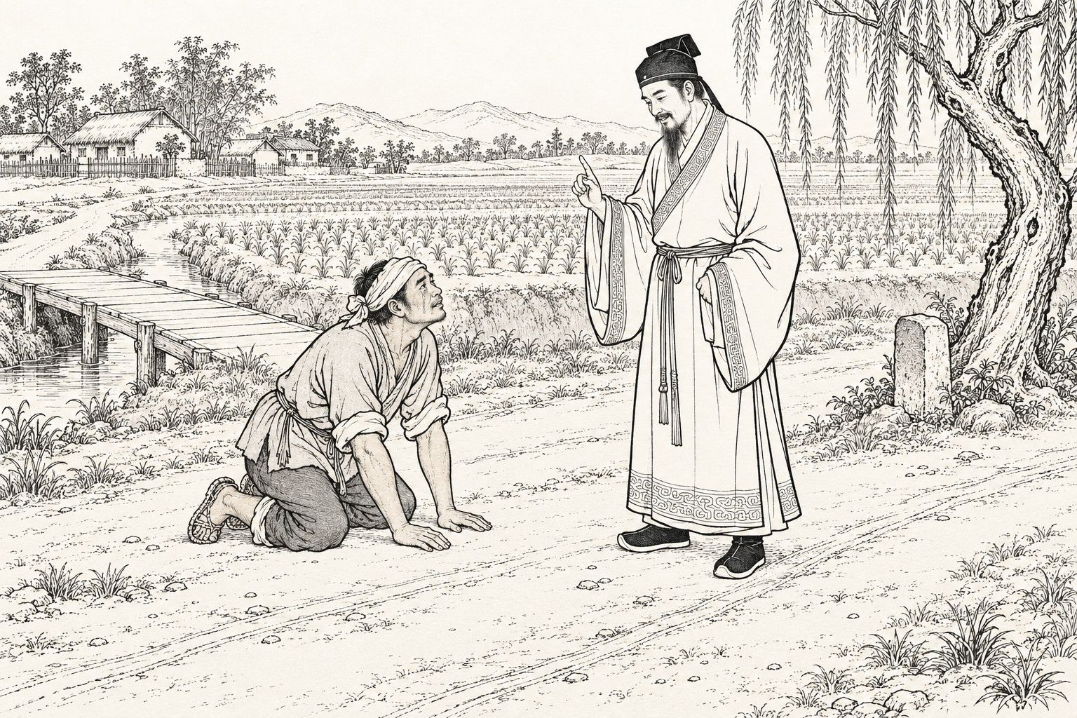 A line drawing in the manner of a late-Qing lithographed edition: on a country road beside young crop fields in daylight, a tear-streaked farmer in a head cloth kneels with both palms on the ground and looks up, while a bearded gentleman in a cap and wide-sleeved robe stands before him with one forefinger raised in kindly instruction, with a plank bridge over a ditch, an old willow and a boundary stone, and thatched cottages and low hills in the distance.