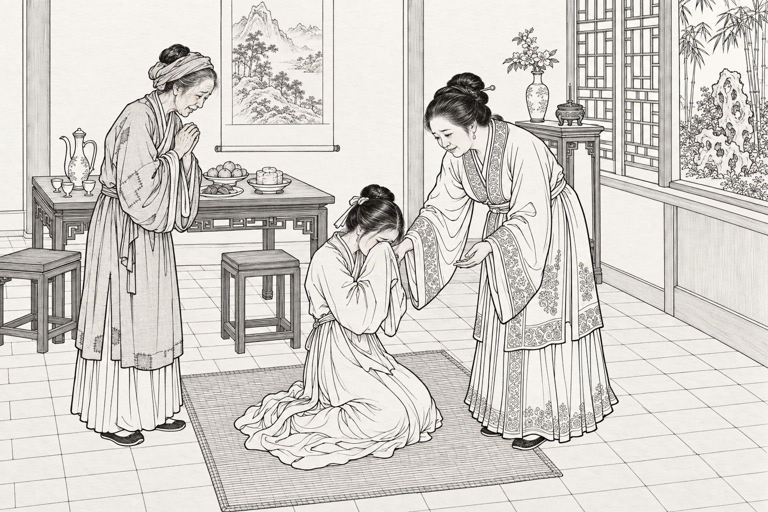 A line drawing in the manner of a late-Qing lithographed edition: in the main room of a well-off house by day, a kneeling young girl weeps into her sleeve on a reed mat while a kindly housewife bends to hold her arm and offers a comforting hand, and a poor old woman in a mended robe stands to the left with hands pressed together in thanks, beside a table set with wine and food, a hanging landscape scroll, a lattice window and a bamboo garden.