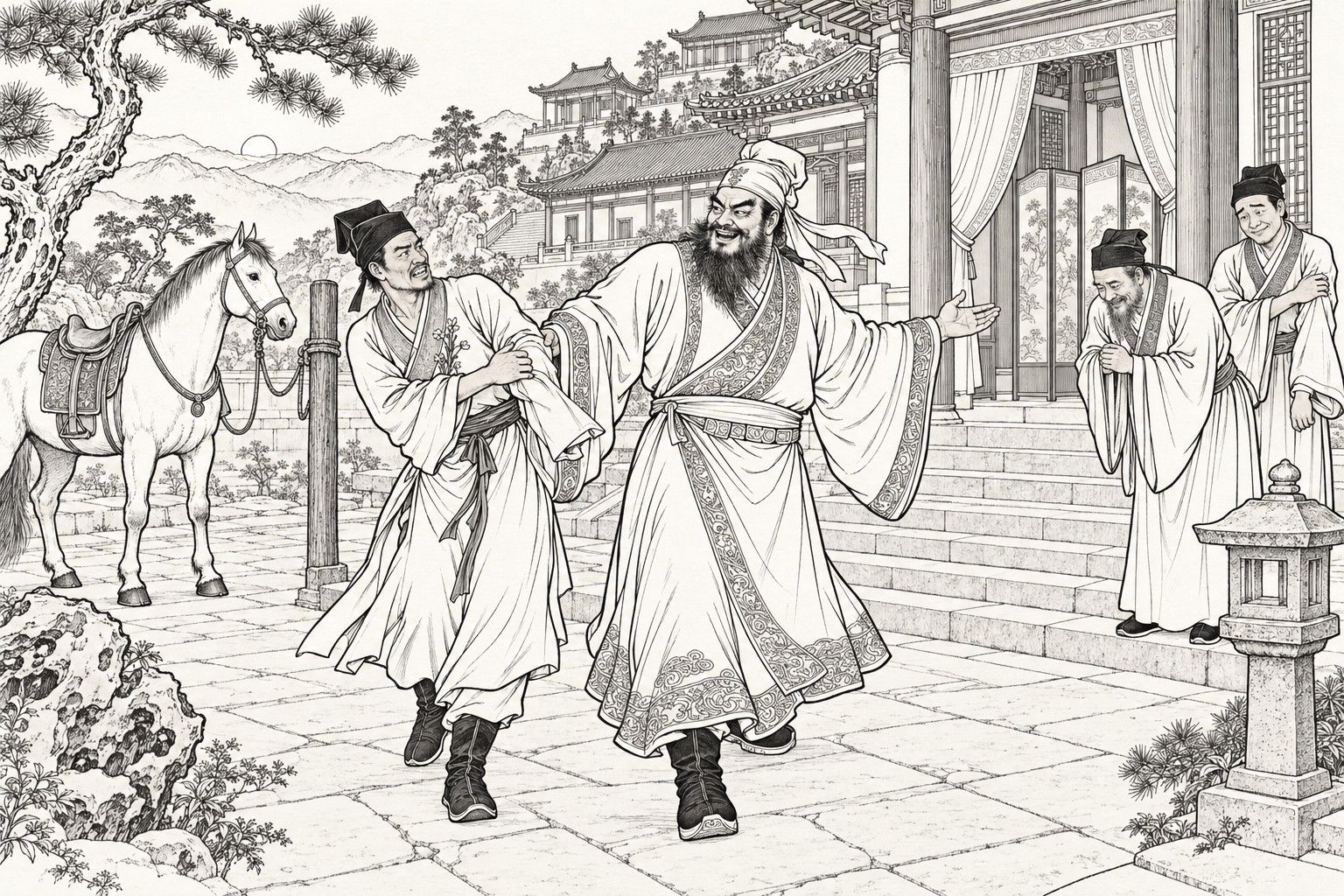 A line drawing in the manner of a late-Qing lithographed edition: at dusk in a mountainside courtyard before a great hall hung with curtains and screens, a laughing bearded host in a headcloth and broad-bordered robe grips a wincing traveller by the arm and hauls him toward the hall with a welcoming hand, while a saddled horse stands tied to a post at the left and two gentlemen at the right bow and rub an arm ruefully beside a stone lantern.