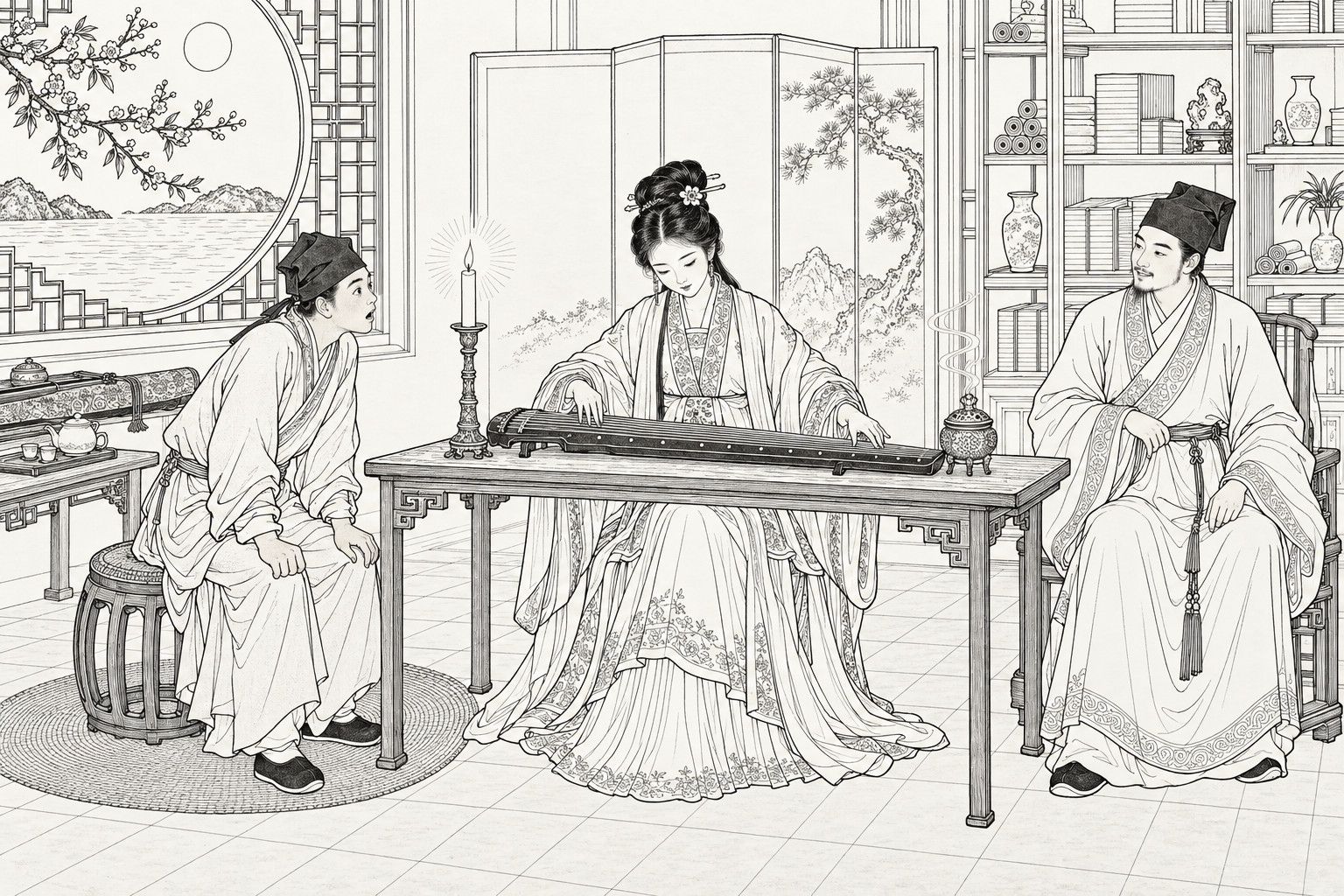 仿清末石印本的線描：靜夜書齋裡，一位年輕女子在燭光下坐於長案後撫琴，左邊圓凳上的青年身子前傾、驚歎入神，右邊椅上的男子含笑聆聽，身後是書架、屏風和嵌著花枝的圓形花窗。