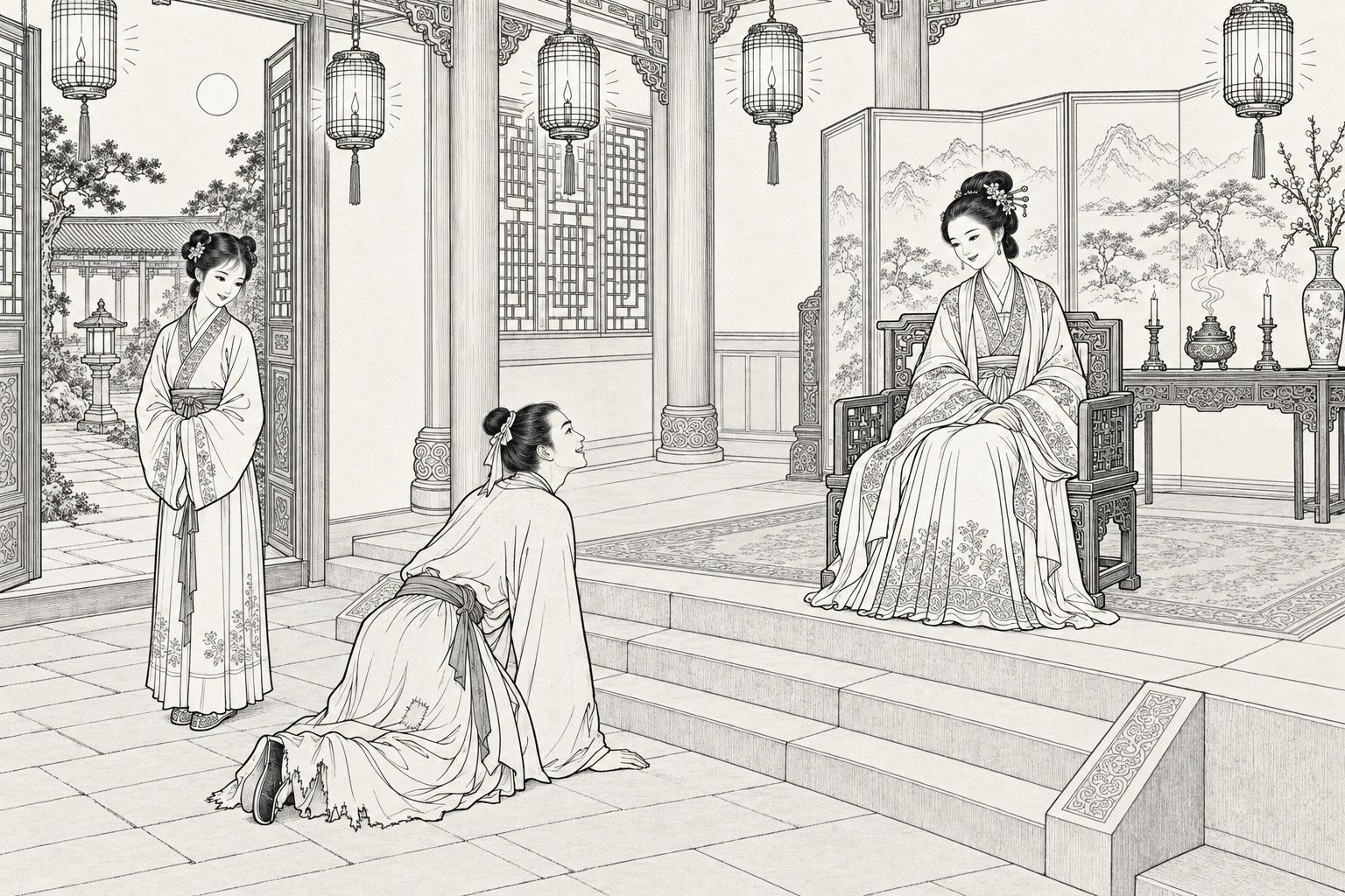 A line drawing in the manner of a late-Qing lithographed edition: at night in the hall of a great mansion lit by four hanging lanterns, a young lady sits in a carved armchair before a mountain-and-pine screen and looks kindly down the steps at a young scholar in a torn gown, who kneels with his hands on the floor and his face lifted in glad thanks, while a smiling maid with hands in her sleeves stands beside him near an open doorway that looks onto a moonlit courtyard.