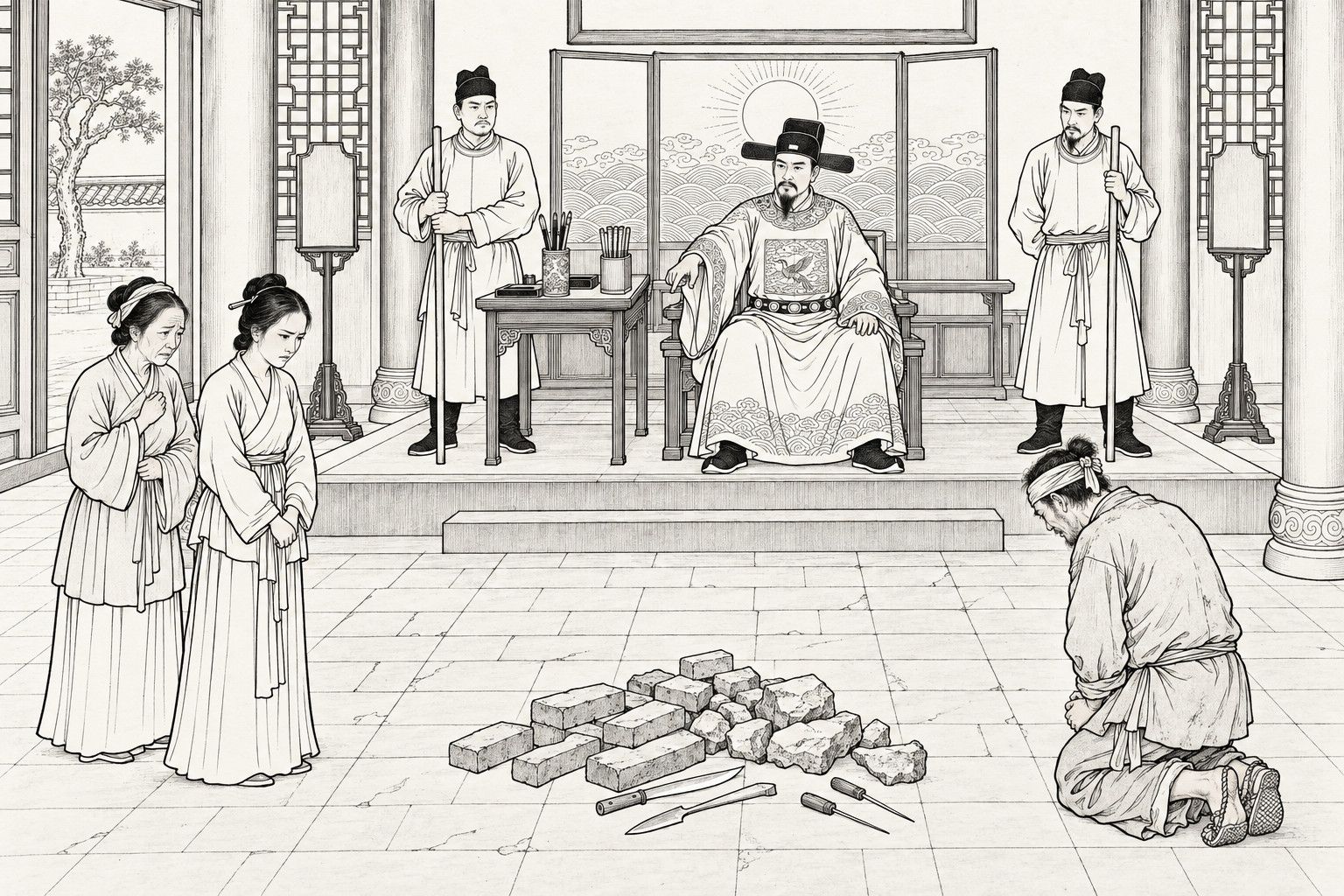 A line drawing in the manner of a late-Qing lithographed edition: in the main hall of a county court by day, a magistrate in official robes sits on a low dais before a wave-and-sun screen and points toward a heap of bricks, stones, knives and awls on the paved floor, while an older and a younger woman in plain clothes stand hesitantly at the left, a headbound rogue kneels bowed at the right, and two runners with staves stand guard on either side.