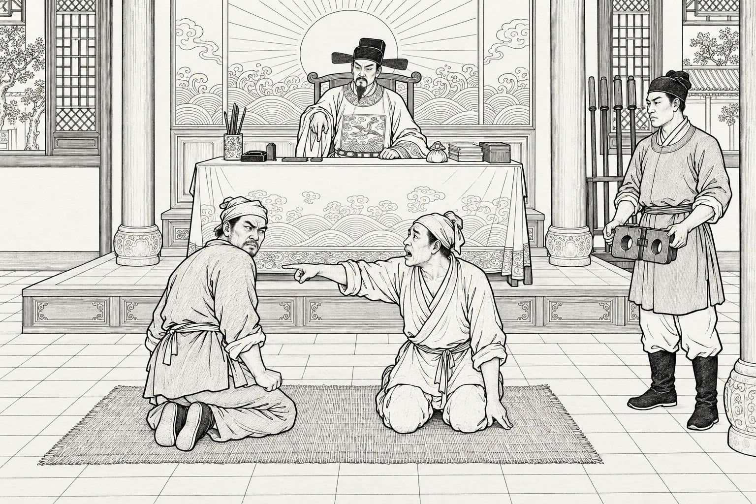 A line drawing in the manner of a late-Qing lithographed edition: in the main hall of a county court by day, a stern magistrate in official robes sits behind a draped desk before a screen painted with a rising sun over waves and points down with two fingers, while a frightened villager kneeling on a straw mat points at the man beside him and speaks, that man glares back over his shoulder, and a court runner standing at the right holds a pair of wooden shackles in both hands.