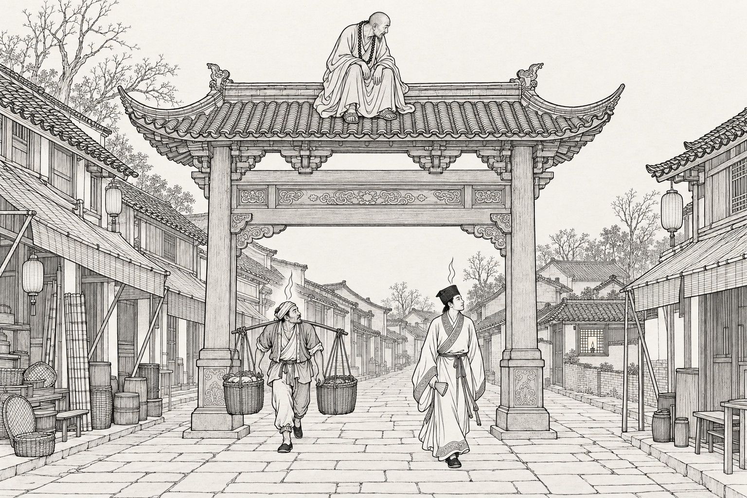 A line drawing in the manner of a late-Qing lithographed edition: at dusk in a small-town market street, an old monk with prayer beads sits on the tiled roof of a tall memorial arch and looks down, while a pedlar with a shoulder pole and baskets and a young scholar with a folded fan walk beneath it, a thin wisp rising above each head, with shopfronts, barrels and baskets on both sides and a single lit window far down the street.
