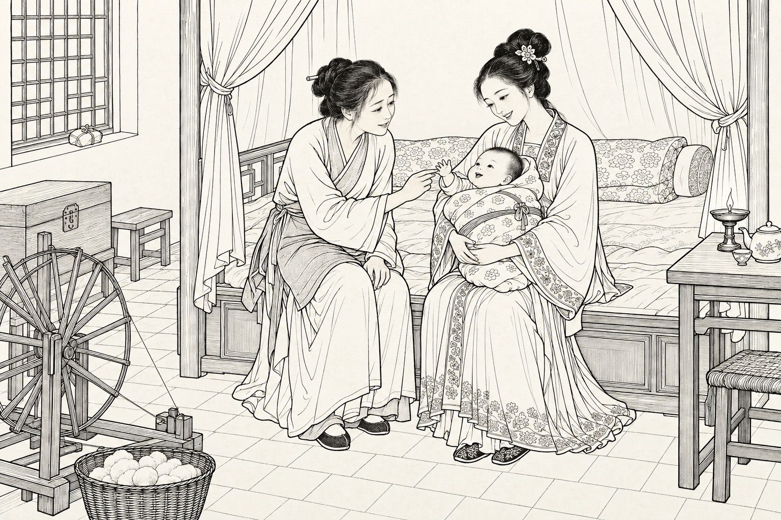 A line drawing in the manner of a late-Qing lithographed edition: in a modest bedroom by lamplight in the evening, two seated women share the edge of a curtained bed, one holding a swaddled, smiling baby on her lap while the other reaches out to touch his tiny hand, with a spinning wheel and a basket of cotton rolls in the foreground, a lattice window with a small packet on its sill, and a lamp and teapot on a table.
