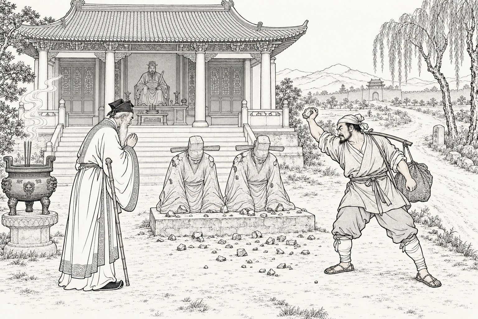 仿清末石印本的線描:白晝路旁的廟殿前,一位白鬚老書生拄杖拱手行禮,一位肩挑行李的壯實行人掄臂要向石臺上跪伏的兩尊官員石像擲石,地上散落碎石,旁有香爐、垂柳、大路和遠處城牆。