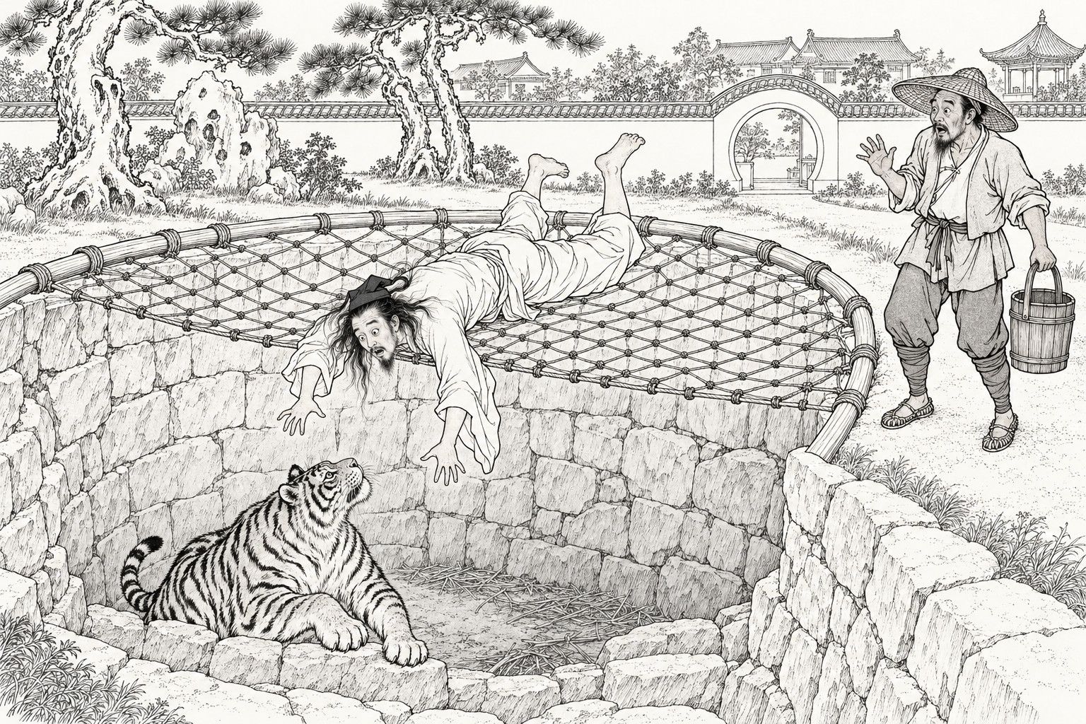A line drawing in the manner of a late-Qing lithographed edition: in a great family's garden by day, a barefoot, loose-haired scholar in a white robe lies belly-down across the rope net over a stone-lined tiger pit, his head and arms hanging down, while a tiger crouches below looking up at him and a straw-hatted gardener with a wooden pail stands at the edge, startled, with pines, a garden rock, a wall with a round gate and distant roofs behind.