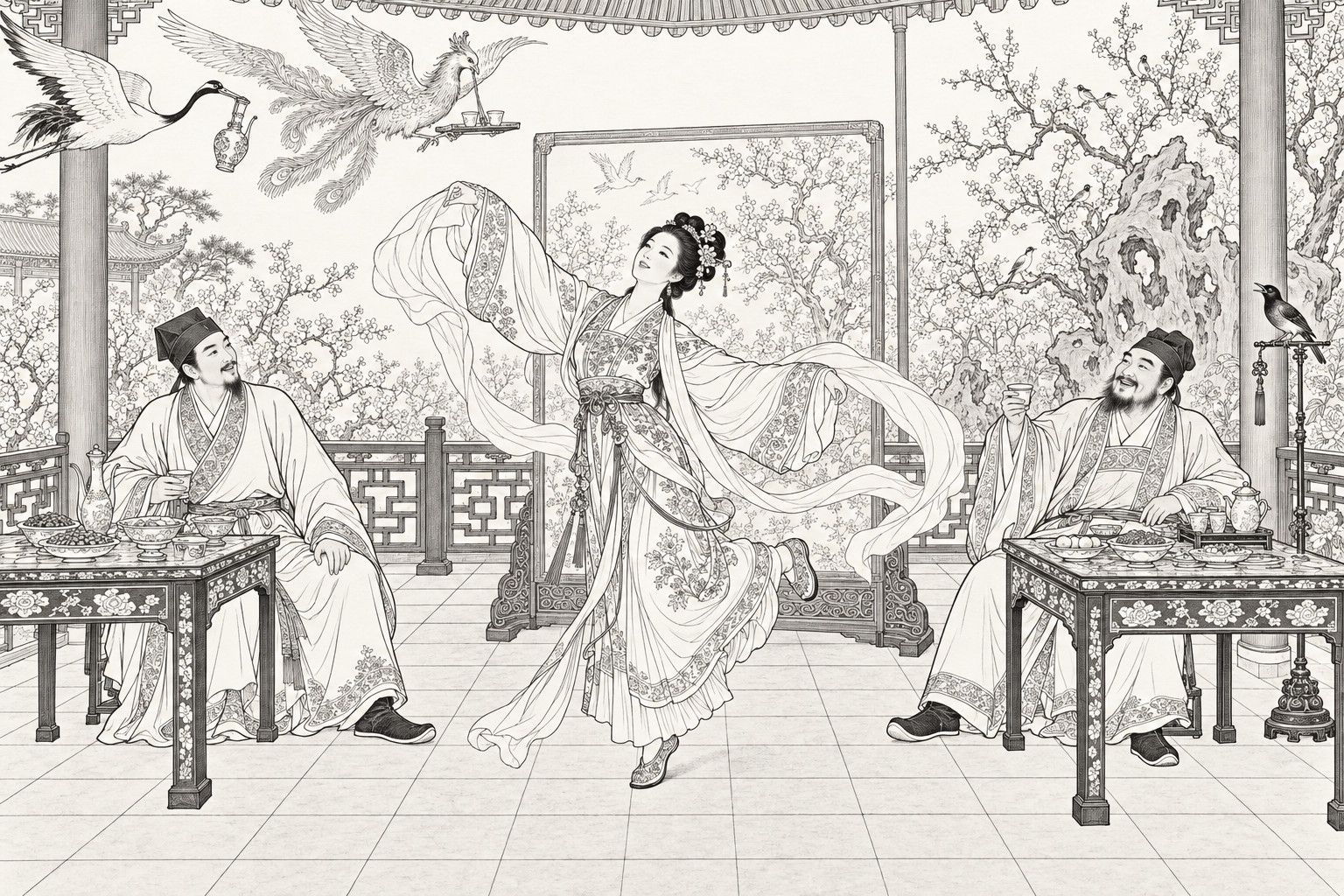 A line drawing in the manner of a late-Qing lithographed edition: in a spring-warm garden pavilion by day, a young woman in an embroidered gown dances on one foot between two seated men at small inlaid tables laden with dishes and wine, while a crane carrying a wine jug and a phoenix bearing a tray of cups fly in from the upper left, a mynah calls from its stand at the right, and blossoming trees and a garden rock show beyond the railings and a tall screen.