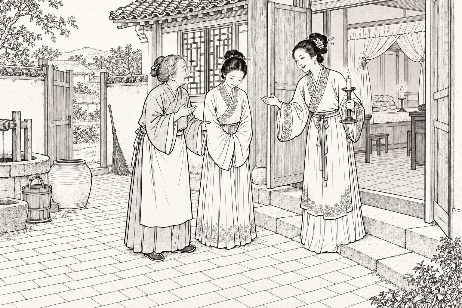 仿清末石印本的线描：黄昏时分，乡间砖铺院落里，一位老妇人一手搭着低头含羞的少女的衣袖，向正屋敞开的门口说话，门口手持烛台的年轻主妇含笑迎客，院中有水井、水缸和扫帚，屋内可见挂起帐幔的床。