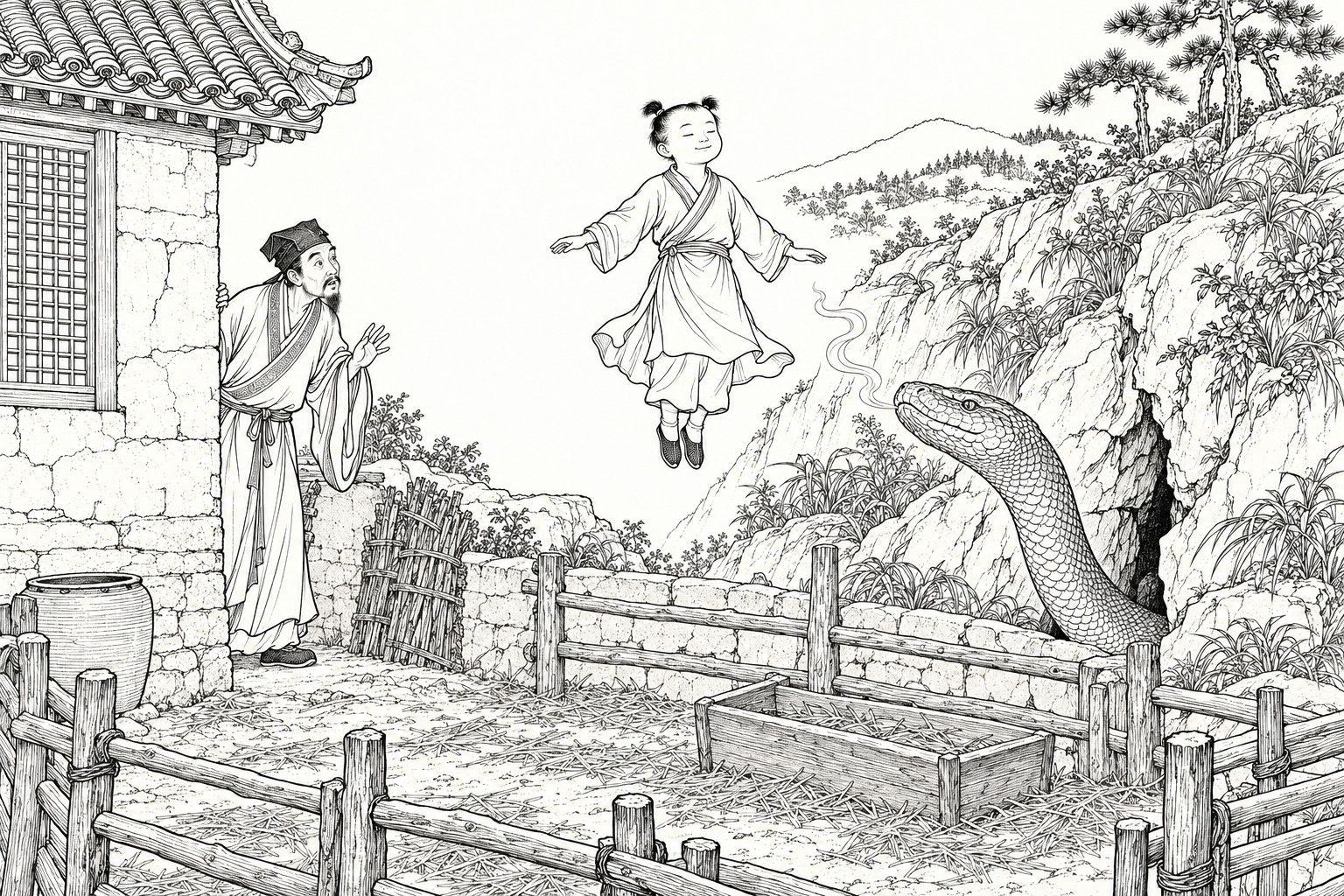 A line drawing in the manner of a late-Qing lithographed edition: in daytime in an old cattle pen against a rocky hillside, a small boy with two hair tufts floats in mid-air with arms spread and eyes closed, smiling, while a bearded scholar in a square cap peers astonished from a mud-brick wall corner and a large snake raises its head from a rock crack at the right, beside a fence, a feeding trough and strewn straw.