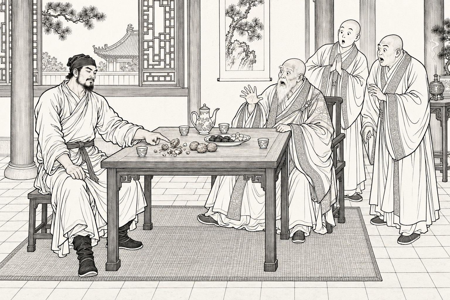 仿清末石印本的線描：白晝寺中客堂，一名戴軟帽、穿長袍的留須旅人坐在木案邊，伸指點著一枚裂開的核桃，碎殼散在案上；對面白鬚老方丈驚訝地抬手，身後兩名光頭僧人一合十一張口，案上有茶壺、茶杯、果碟，背後是掛軸和花格窗。