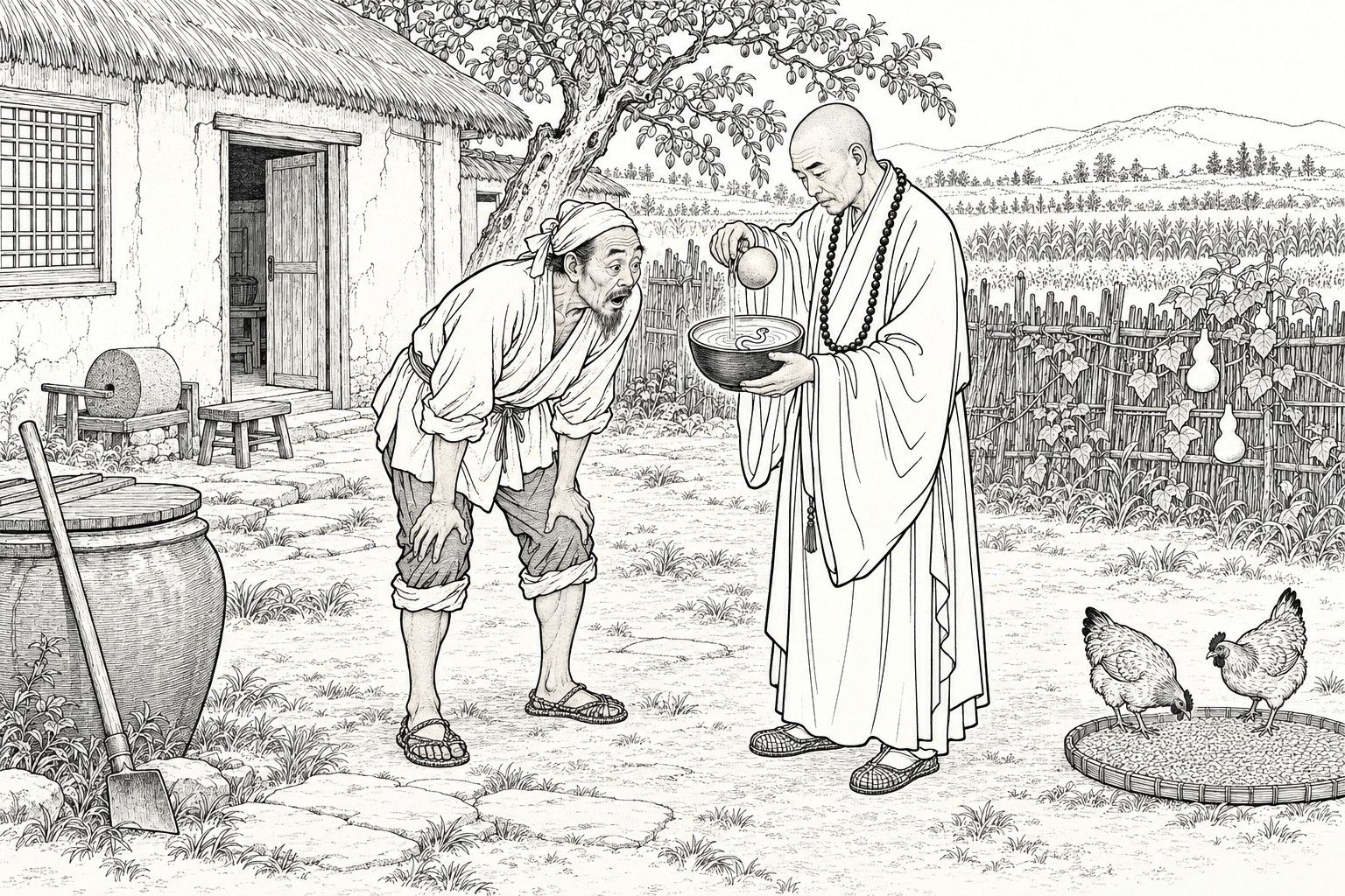 A line drawing in the manner of a late-Qing lithographed edition: in the front yard of a thatched farmhouse on a summer day, a shaven-headed monk in a long robe and prayer beads pours water from a small gourd flask into an alms bowl where a little white snake swims, while a lean bearded farmer with a headcloth bends forward with hands on his knees and stares in amazement, with a jujube tree, a water jar, a hoe, a brushwood fence with gourds, and two hens beside a grain tray around them.