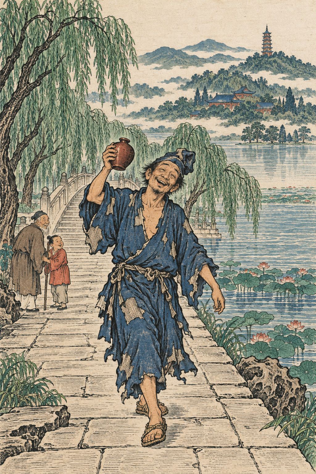 A colour woodblock-style frontispiece: the mad monk Ji Gong, in a ragged robe and straw sandals, walks laughing along a willow-lined causeway by the lake, raising a wine pot, while an old man and a child look on.