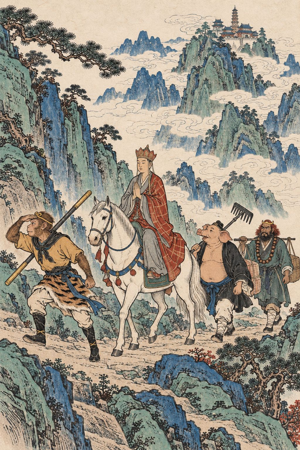 A colour woodblock-style frontispiece: on a mountain road winding west, the monk Tang Sanzang rides a white horse with his palms joined; Sun Wukong strides ahead with his cudgel, shading his eyes, Zhu Bajie follows with his rake and Sha Wujing carries the luggage on a pole, and the Thunderclap Monastery rises on a far peak in the clouds.