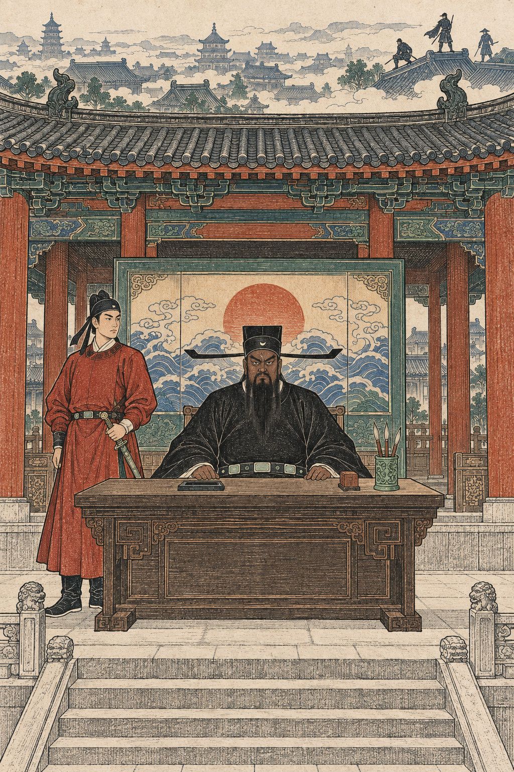 A colour woodblock-style frontispiece: in the hall of the Kaifeng court, dark-faced Lord Bao, a crescent mark on his brow, sits behind the judge's desk; his guard Zhan Zhao stands beside him with a sword, and tiny knights-errant stand on the rooftops beyond.