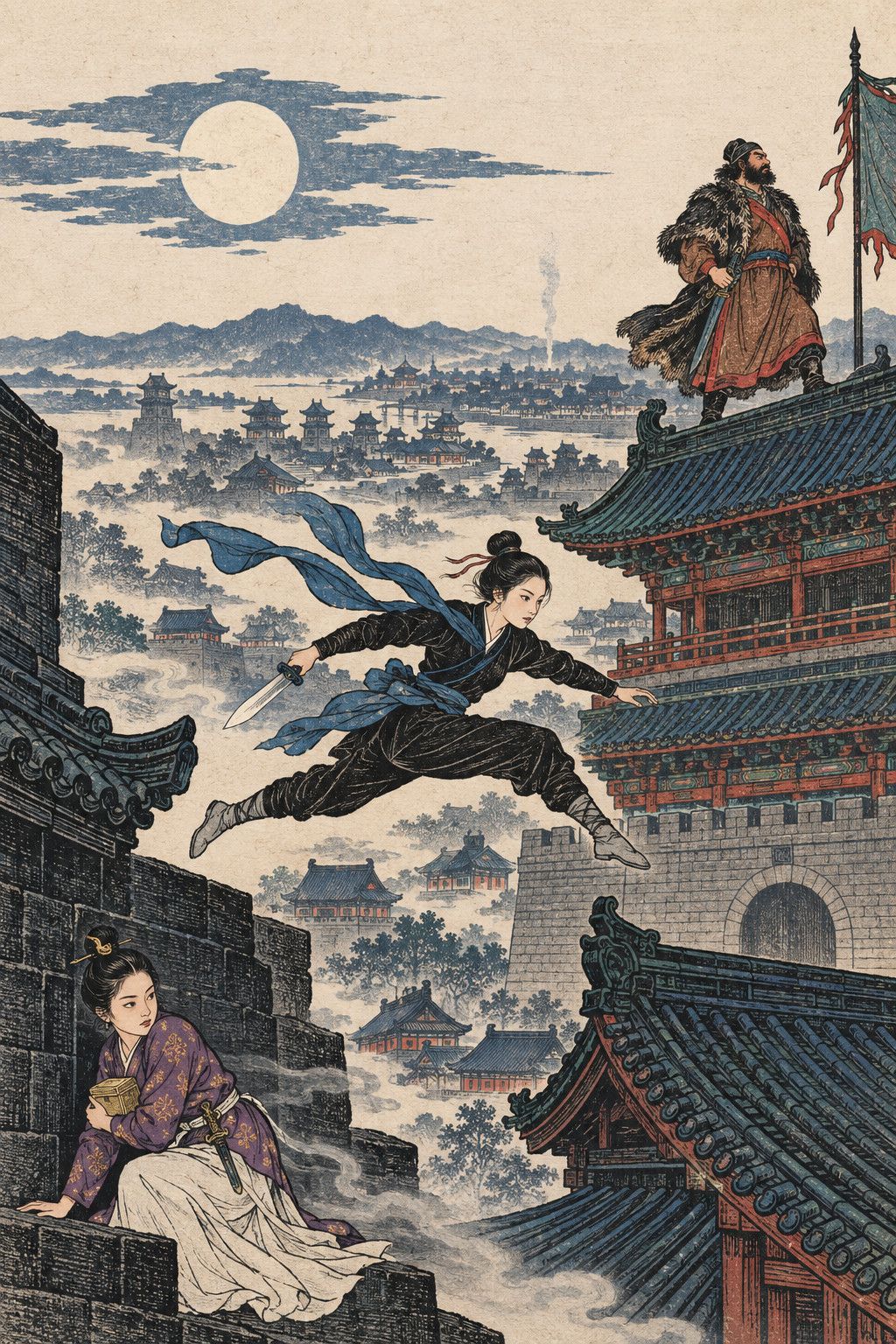 A colour woodblock-style frontispiece: on a moonlit night over a walled garrison city, the swordswoman Nie Yinniang in black, with a blue scarf streaming behind her and a short dagger in her hand, leaps across the rooftops; below her, in the shadow of the city wall, the maidservant Hong Xian glances back with a small gold box clutched to her chest and a trail of mist behind her; on the roof of the gate tower the burly, curly-bearded stranger stands alone in a wind-blown fur-trimmed coat, one hand on his sword, gazing far away.