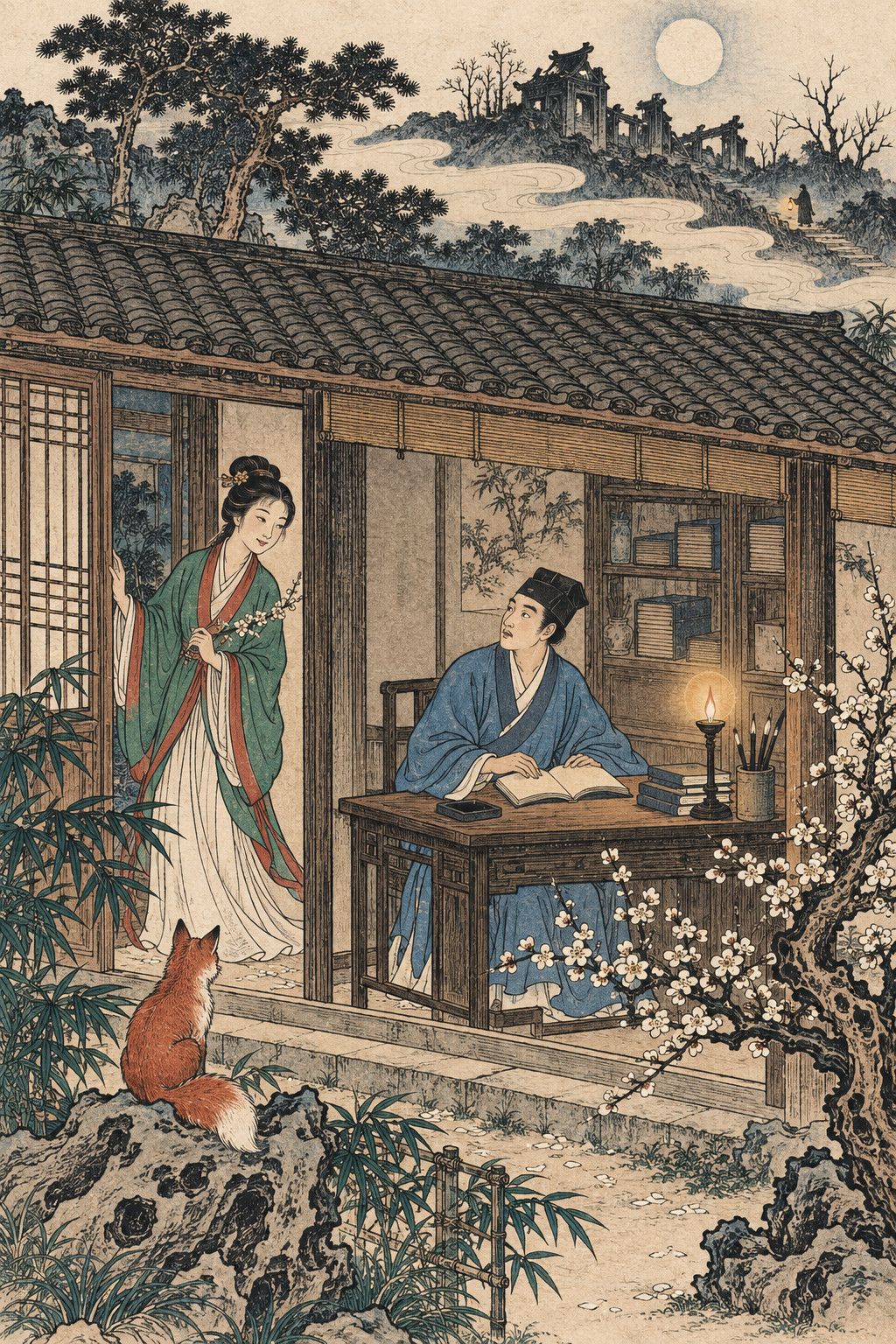A colour woodblock-style frontispiece: a scholar reads late at night by lamplight; a fox maiden holding a sprig of plum blossom steps in at the door, a fox sits in the moonlit courtyard, and a ruined temple stands on the hill beyond.