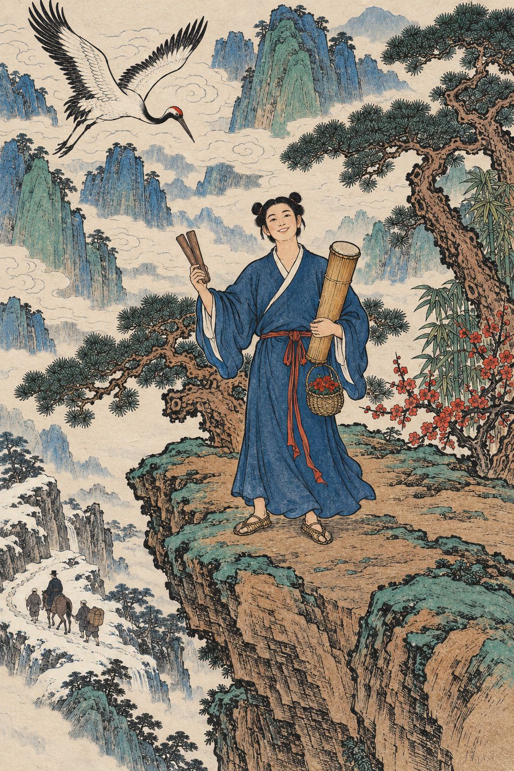 A colour woodblock-style frontispiece: the young immortal Han Xiangzi, holding his fish drum and clapper boards, stands smiling on a mountain terrace as a white crane flies down to him; far below, his uncle Han Yu and two servants struggle through a snowy pass on the road into exile.
