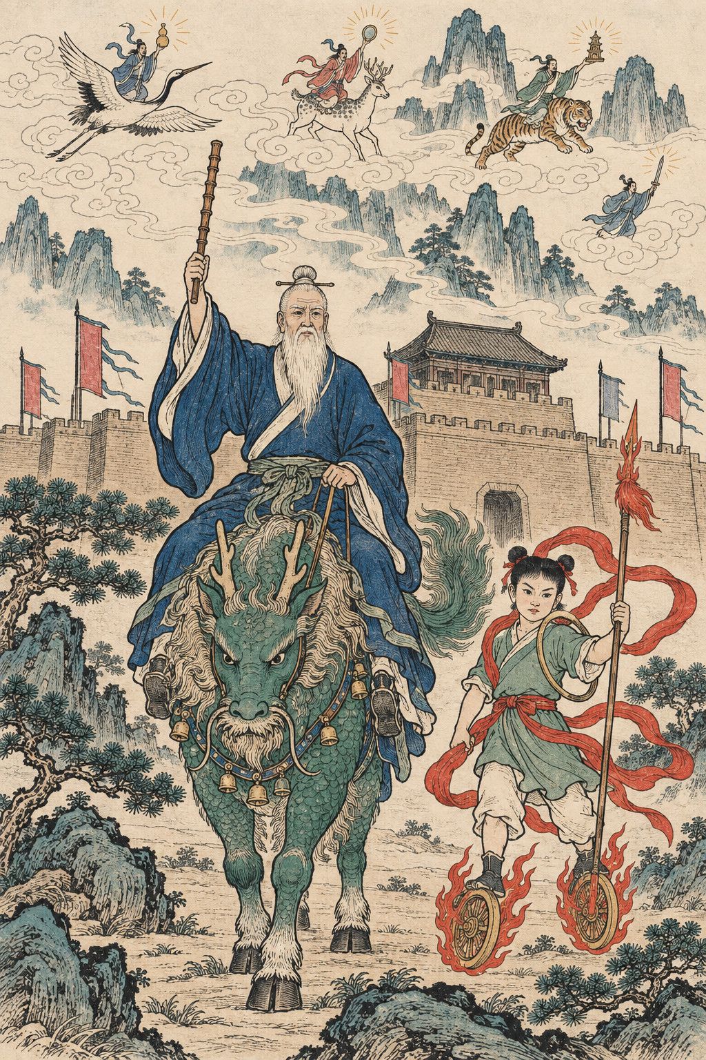 A colour woodblock-style frontispiece: the old sage Jiang Ziya rides his four-unlike beast before a walled city with banners, the boy god Nezha stands on his wheels of wind and fire, and immortals fly over the clouds on a crane and a tiger.