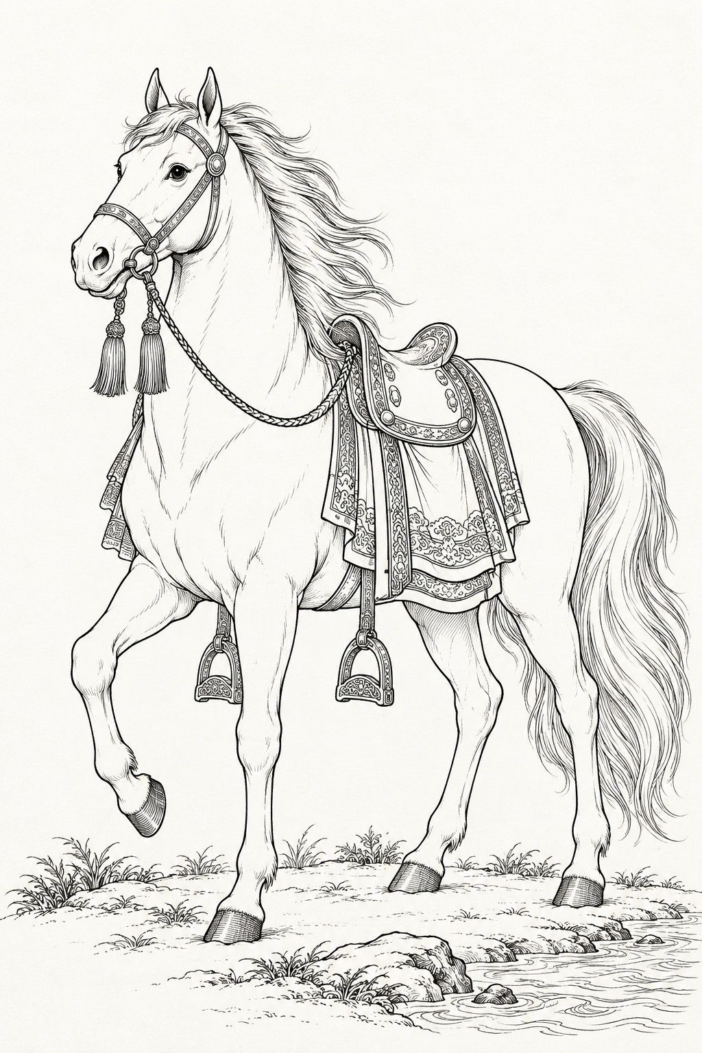 A line drawing in the manner of the character portraits of late-Qing lithographed novels: The White Dragon Horse stands full-length beside a mountain stream, a spirited white horse with its head high and ears pricked, a carved saddle with layered cloths, stirrups, a ring bit and tassels, one forefoot lifted and the saddle empty.