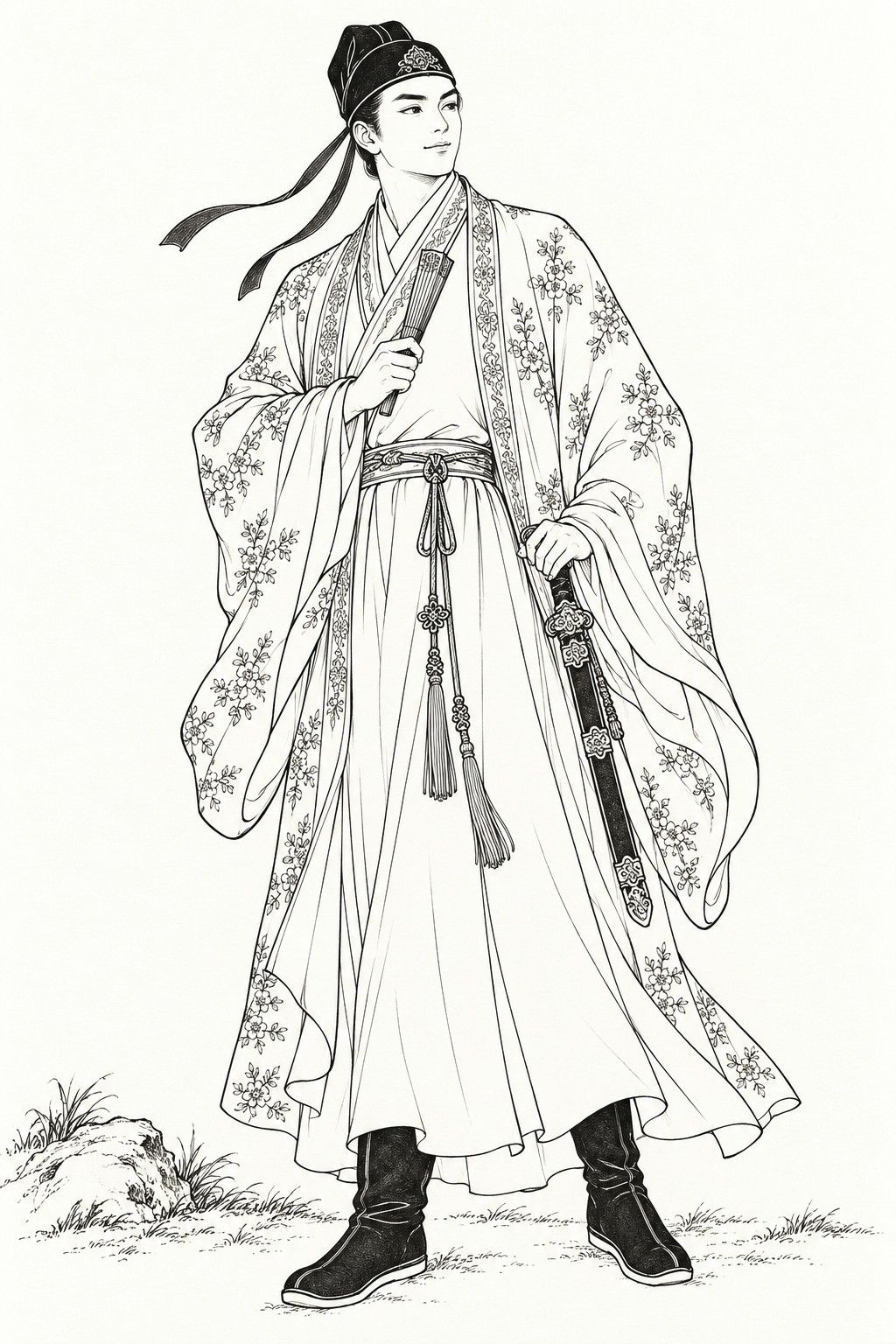 A line drawing in the manner of the character portraits of late-Qing lithographed novels: Bai Yutang, the Sleek Rat, stands full-length, a slender, handsome young gallant in a ribboned martial cap and a cloak embroidered all over with flowers, a closed fan in one hand and a sabre at his hip.