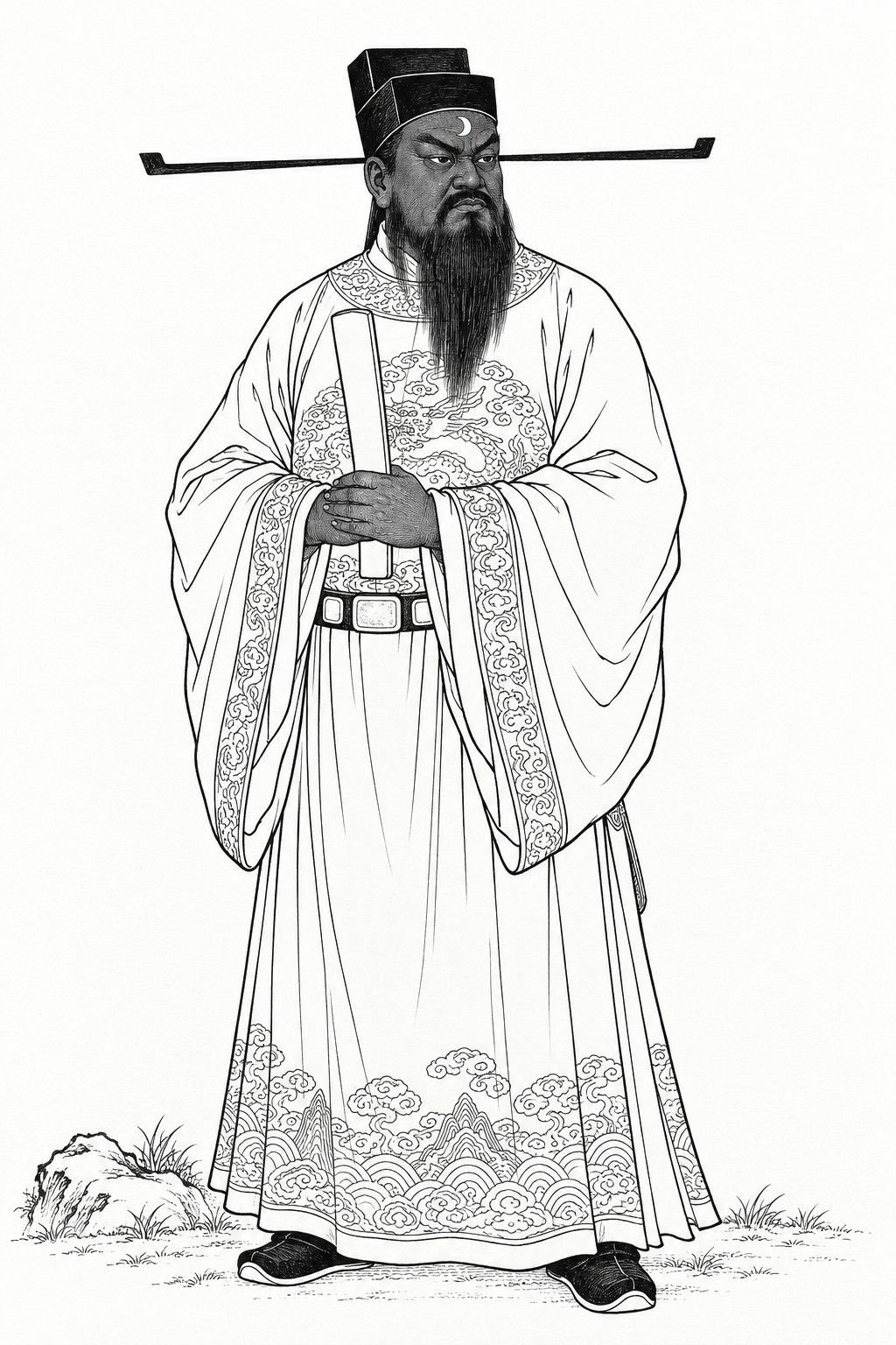 A line drawing in the manner of the character portraits of late-Qing lithographed novels: Lord Bao, Prefect of Kaifeng, stands full-length in his winged official hat and robe, dark-faced with a pale crescent on his forehead and a long black beard, holding a court tablet before his chest.