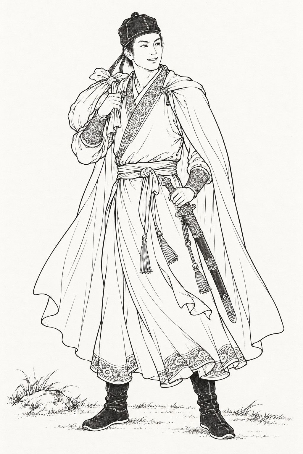 A line drawing in the manner of the character portraits of late-Qing lithographed novels: Chen Liang stands full-length, a handsome, clean-shaven young man in a dark cap with trailing ties, a belted tunic and a long cloak, a cloth bundle slung over one shoulder and a sabre at his hip, one hand resting on its hilt.