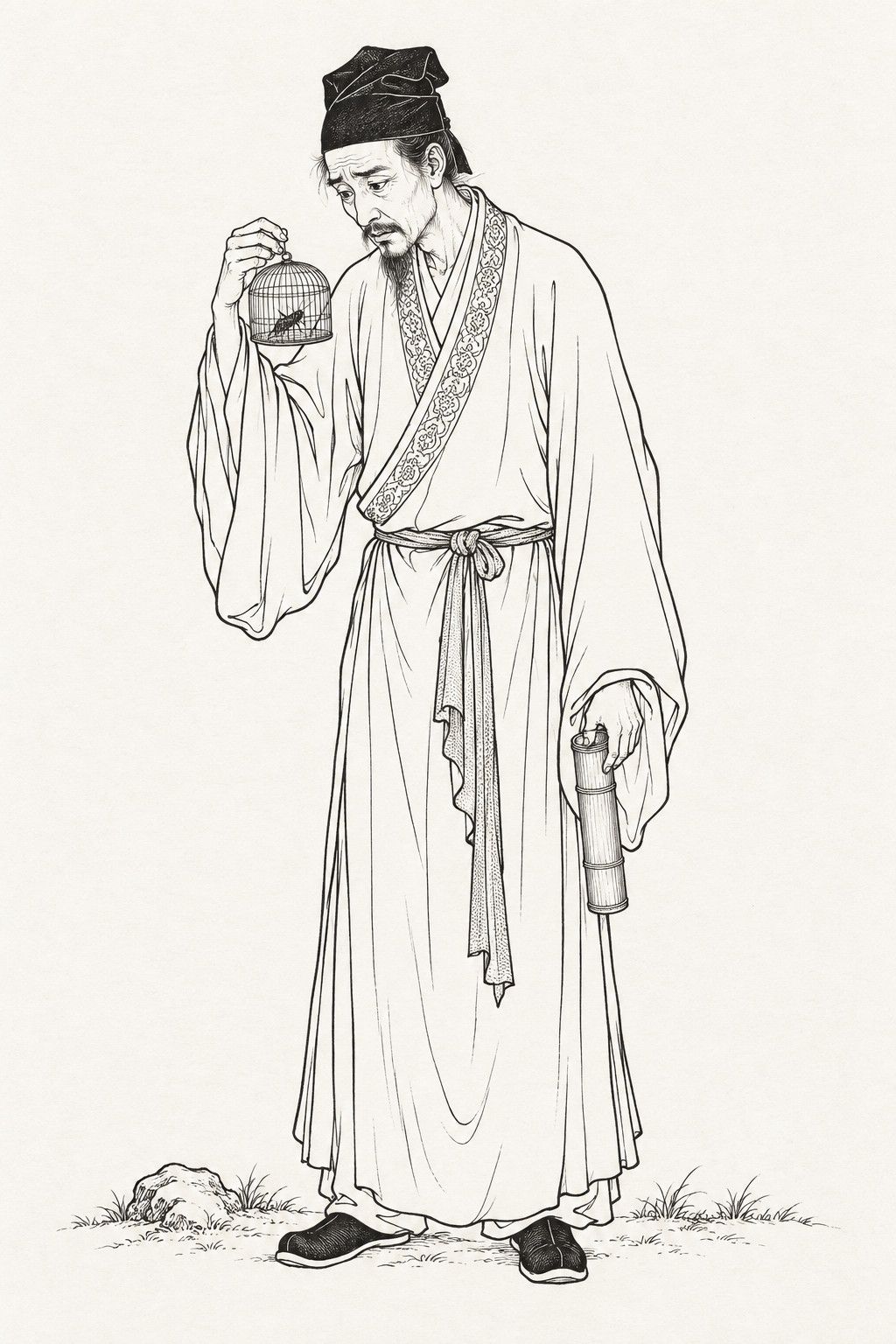 A line drawing in the manner of the character portraits of late-Qing lithographed novels: Cheng Ming, the poor village clerk of “The Cricket”, stands full-length, slightly stooped in a plain wide-sleeved robe and a soft black cap, bending his head to peer anxiously at a small wire cage with a cricket in it held up in one hand, a short bamboo tube in the other.