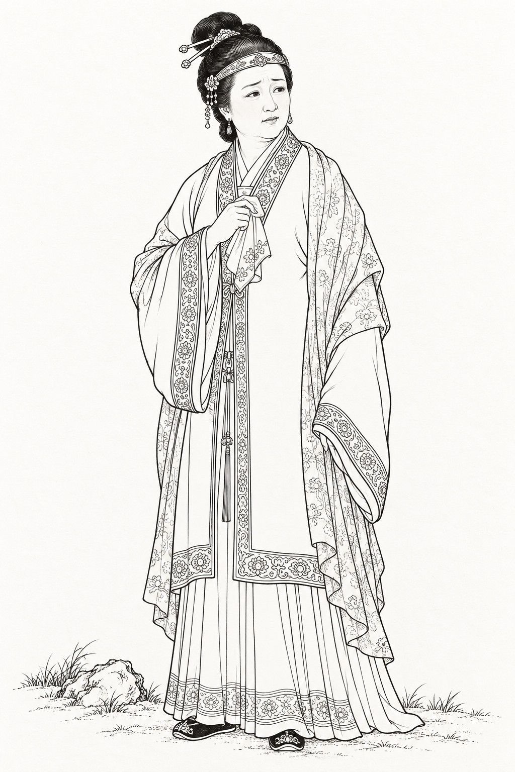 A line drawing in the manner of the character portraits of late-Qing lithographed novels: Lady Dou stands full-length as a minister’s wife, a kindly, dignified, anxious woman with her hair in a high bun held by hairpins and a narrow embroidered band across her forehead, in a wide-sleeved knee-length jacket over a pleated skirt with a silk shawl, holding a folded handkerchief to her chest.