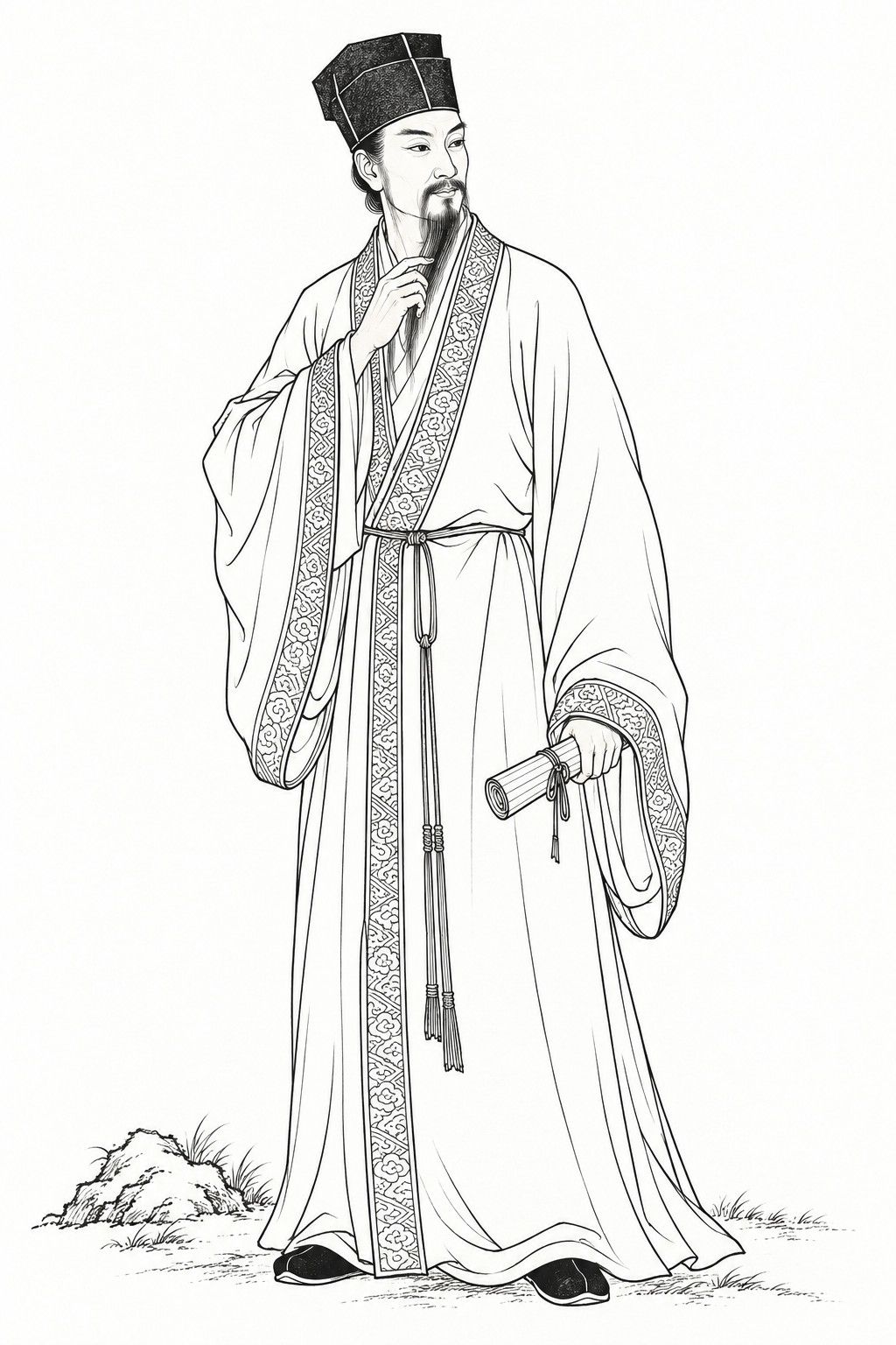 A line drawing in the manner of the character portraits of late-Qing lithographed novels: Gongsun Ce, Lord Bao’s secretary and adviser, stands full-length in a tall square scholar’s cap and a wide-sleeved scholar’s robe, a lean, thoughtful man with a thin beard, stroking his beard with one hand and holding a rolled document in the other.