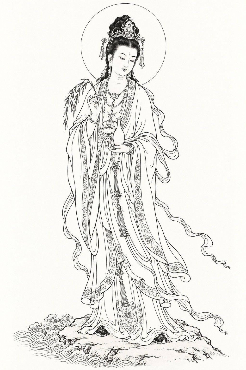 A line drawing in the manner of the character portraits of late-Qing lithographed novels: Guanyin, the Bodhisattva of mercy, stands full-length on a low rock at the sea’s edge with a plain round halo behind her head, a high coiffure with a jewelled crown, strings of pearls and long floating ribbons, her head bowed, a slender vase in one hand and a sprig of willow in the other.