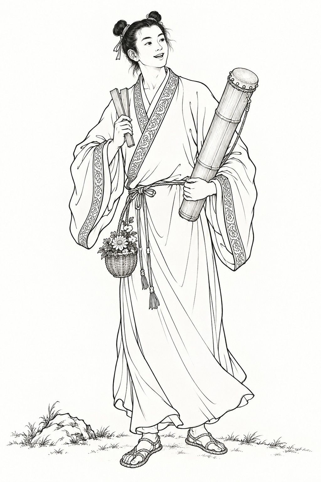 A line drawing in the manner of the character portraits of late-Qing lithographed novels: Han Xiangzi stands full-length as a young wandering Daoist, a slender, beardless young man singing with a carefree smile, his hair in two round topknots, in a coarse wide-sleeved robe tied with a cord and straw sandals, a long bamboo fish drum in the crook of one arm, a pair of clapper boards in the other hand and a small flower basket hanging at his hip.