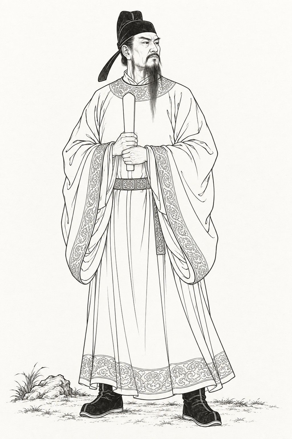 A line drawing in the manner of the character portraits of late-Qing lithographed novels: Han Yu stands full-length as a minister of the Tang court, a tall, grave man with a high forehead and a long thin beard, in a black futou hat, a wide-sleeved round-collared official robe with a plaqued belt and black boots, holding an upright court tablet in both hands before his chest.