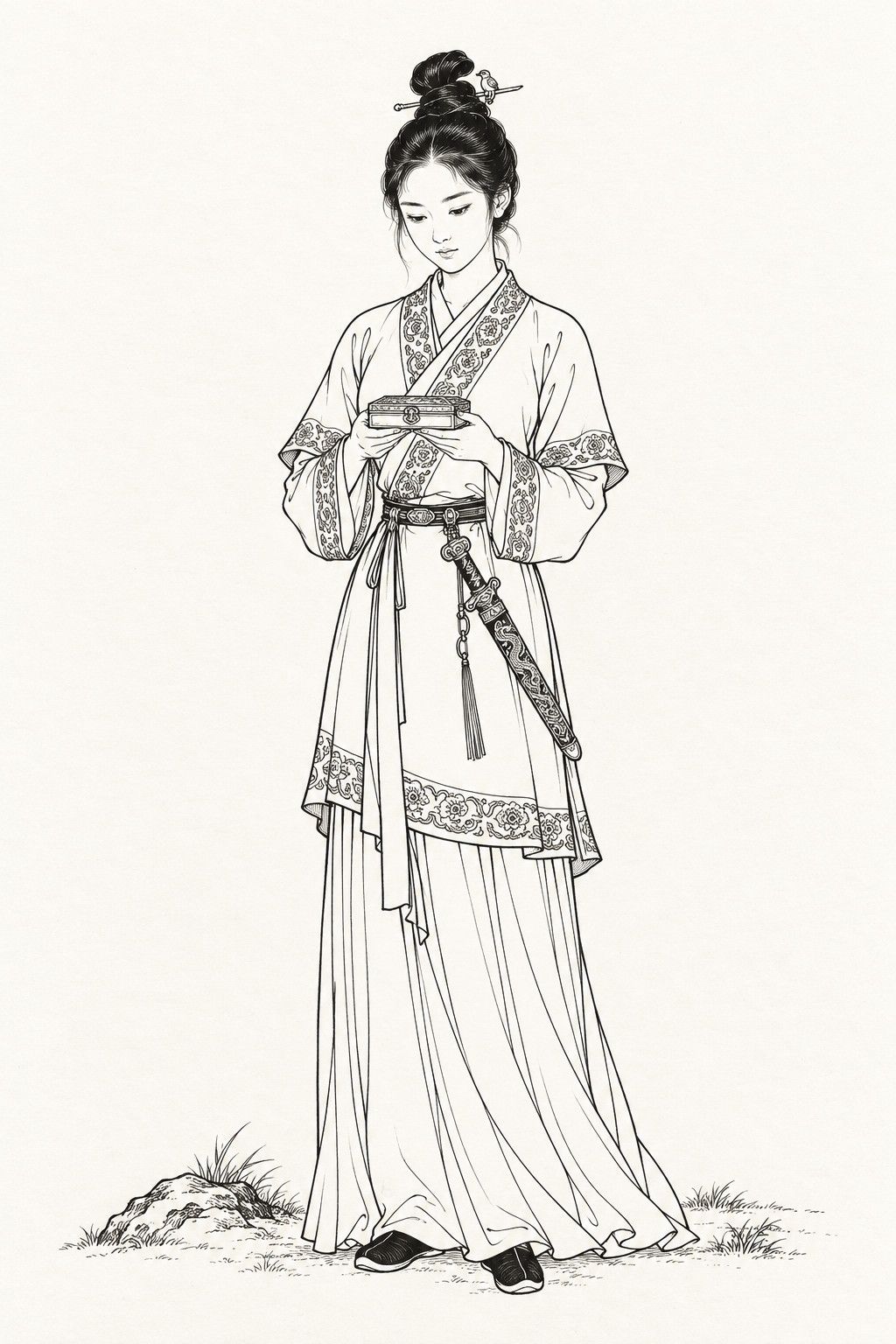 A line drawing in the manner of the character portraits of late-Qing lithographed novels: Hong Xian stands full-length, a young woman with her hair in a high topknot pinned with a small bird-shaped hairpin, in an embroidered short robe over a long skirt, a dragon-patterned dagger at her belt, holding a small flat lidded box in both hands before her chest, her head slightly bowed.
