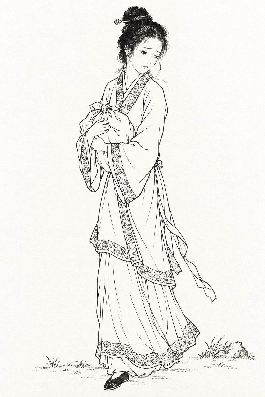 A line drawing in the manner of the character portraits of late-Qing lithographed novels: The girl of “Painted Skin”, as the scholar first meets her on the road, stands full-length, a slender girl with her hair in a high knot pinned with a single hairpin, in a long tunic and skirt with embroidered borders, her head bowed and her face sad as she hugs a cloth bundle to her chest.