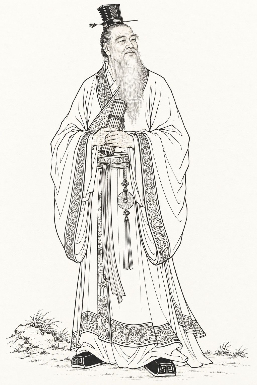 A line drawing in the manner of the character portraits of late-Qing lithographed novels: Ji Chang, Lord of the West, stands full-length, an elderly man with a kindly face and a long flowing beard, in a tall flat-topped cap pinned through his topknot and a wide-sleeved cross-collared robe with a jade pendant at his sash, holding a bundle of bamboo slips in both hands before his chest.