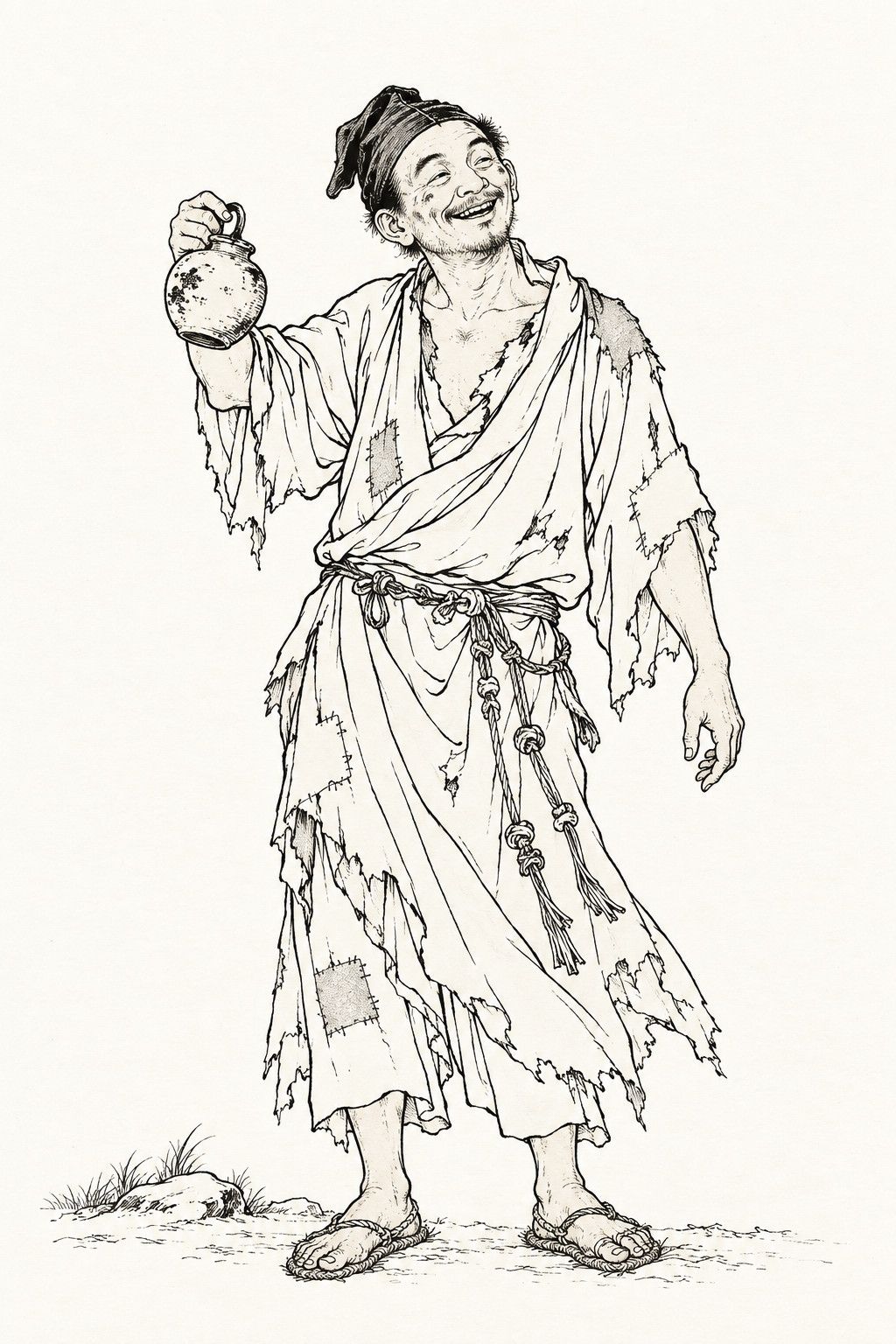 A line drawing in the manner of the character portraits of late-Qing lithographed novels: Ji Gong, the mad monk, stands full-length, a lean, unshaven man in a battered, tilted monk’s cap, a patched and torn robe tied with a knotted cord, and straw sandals, grinning half-drunk as he lifts a small earthenware wine pot by its handle in one hand.
