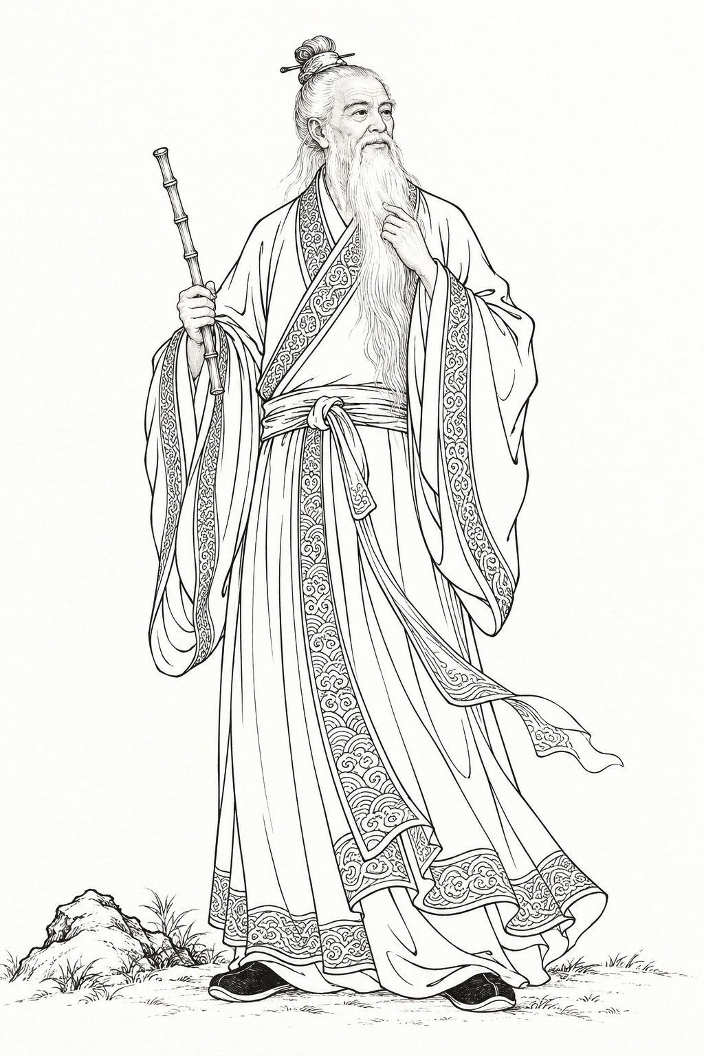 A line drawing in the manner of the character portraits of late-Qing lithographed novels: Jiang Ziya stands full-length as an old Daoist, a lean man with a long white beard and white hair in a topknot held by a plain pin, in a wide-sleeved cross-collared robe with a broad sash, one hand stroking his beard and the other holding a jointed rod.