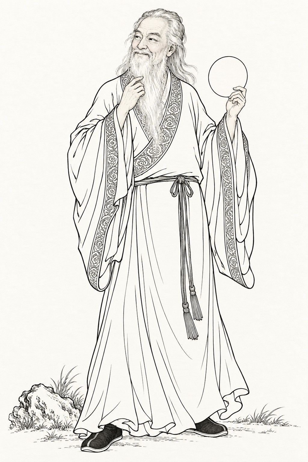 A line drawing in the manner of the character portraits of late-Qing lithographed novels: The Daoist of Mount Lao stands full-length, an old man with long white hair and a long white beard in a wide-sleeved robe with embroidered borders tied with a cord, smiling knowingly, one hand stroking his beard and the other holding up a round disc of cut paper.