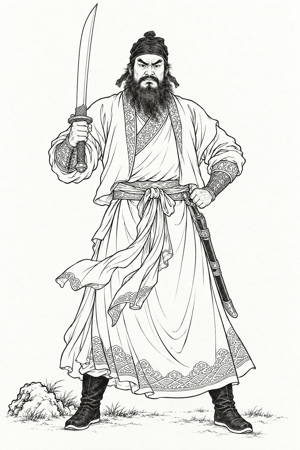A line drawing in the manner of the character portraits of late-Qing lithographed novels: Lei Ming stands full-length facing the viewer, a broad, thickly bearded swordsman in a dark headcloth and a belted robe, glaring fiercely, one hand holding a broad sabre upright beside his shoulder and the other fist planted on his hip.