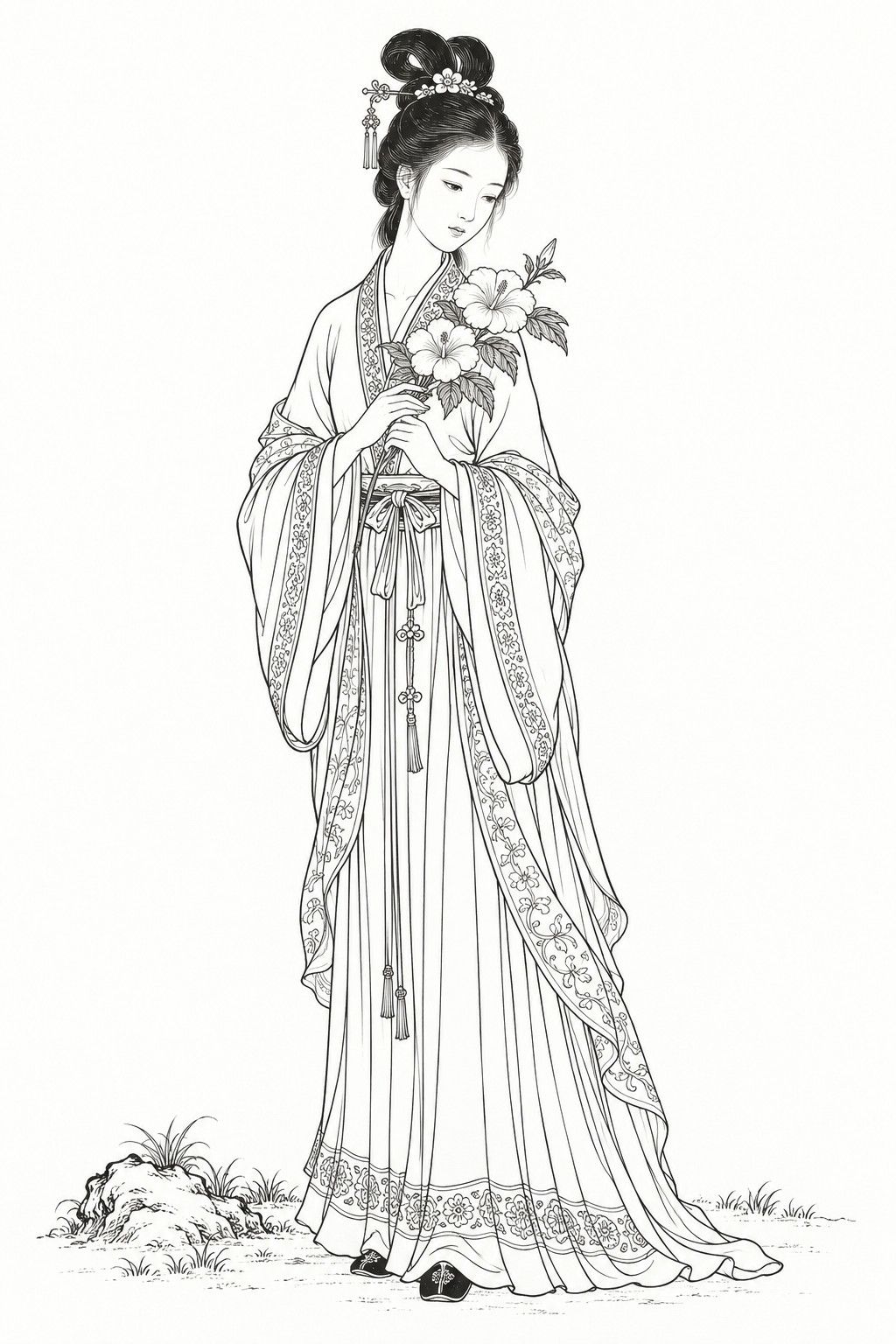 A line drawing in the manner of the character portraits of late-Qing lithographed novels: Lin Luying stands full-length as a young wife, a slender, gentle woman with her eyes lowered and her hair in a high double-looped bun with hairpins, in a long jacket tied with a sash over a pleated skirt and a silk shawl, holding a sprig of hibiscus with two large flowers in both hands before her chest.