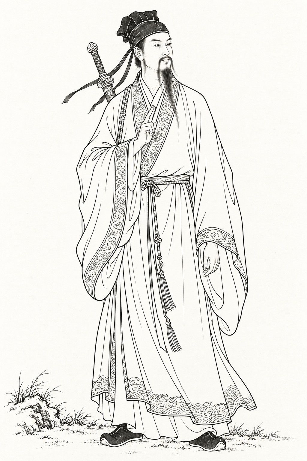A line drawing in the manner of the character portraits of late-Qing lithographed novels: Lü Dongbin stands full-length as a Daoist immortal, a tall, refined man with clear brows and a long thin three-strand beard, in a soft pleated scholar’s cap with two ribbons trailing behind and a wide-sleeved Daoist cloak over a robe tied with a cord, a sword slung across his back, one hand raised with two fingers pointing upward.