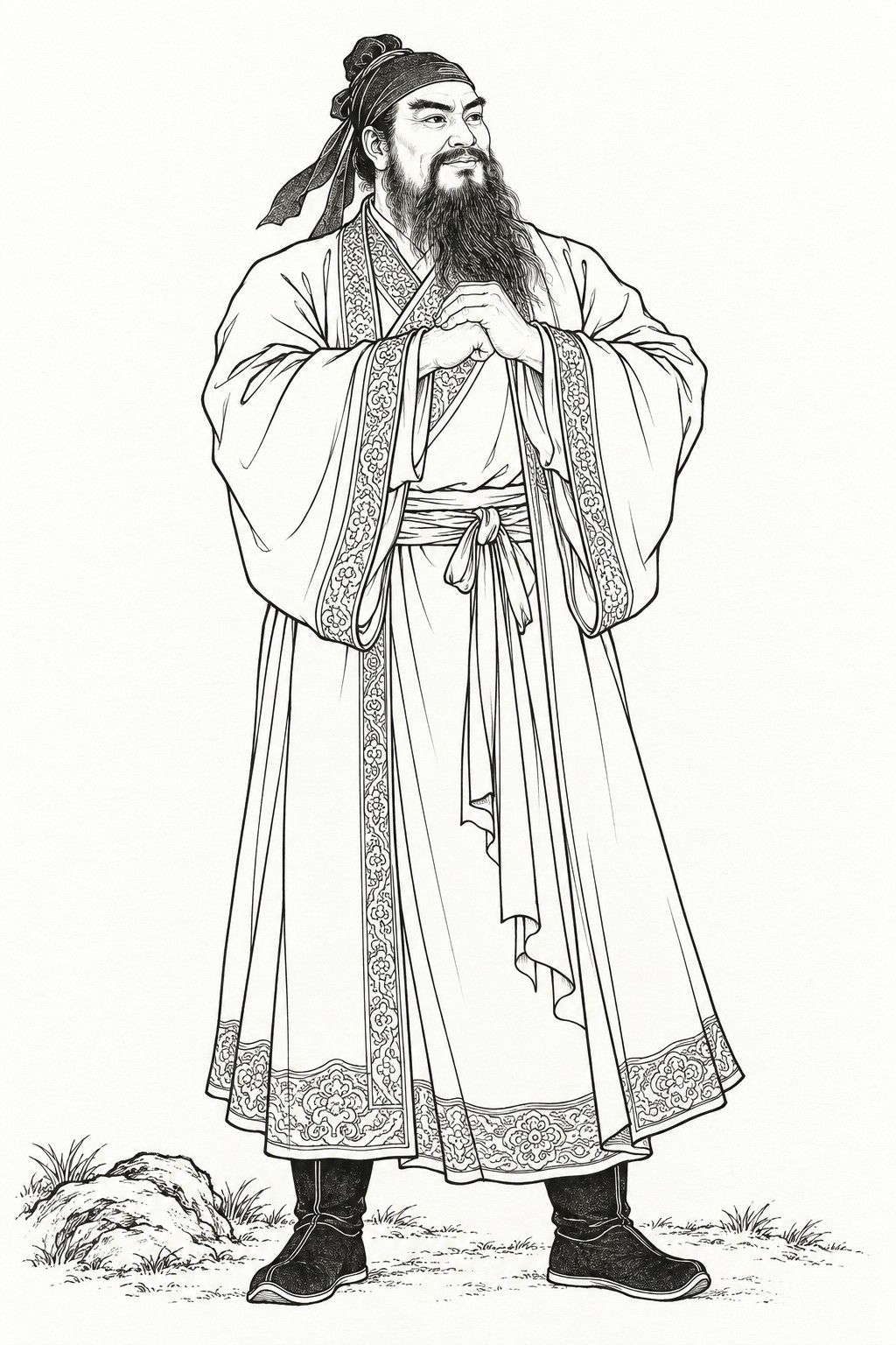 A line drawing in the manner of the character portraits of late-Qing lithographed novels: Lu Fang, the Sky Rat, stands full-length, a tall, burly man with a long flowing beard, a cloth headwrap and a long open coat, his hands raised before his chest in a cupped-hand salute.