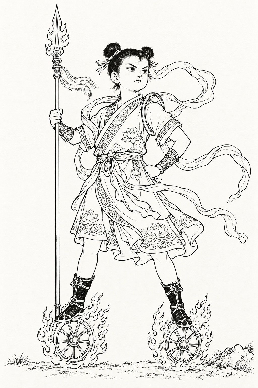 A line drawing in the manner of the character portraits of late-Qing lithographed novels: Nezha stands full-length as a boy warrior, with a boyish, fierce face and his hair in two buns, in a short lotus-embroidered robe belted at the waist, a long silk sash streaming about his shoulders and a ring over one shoulder, a flame-headed spear in one hand and the other on his hip, one foot on each of two flaming wheels.