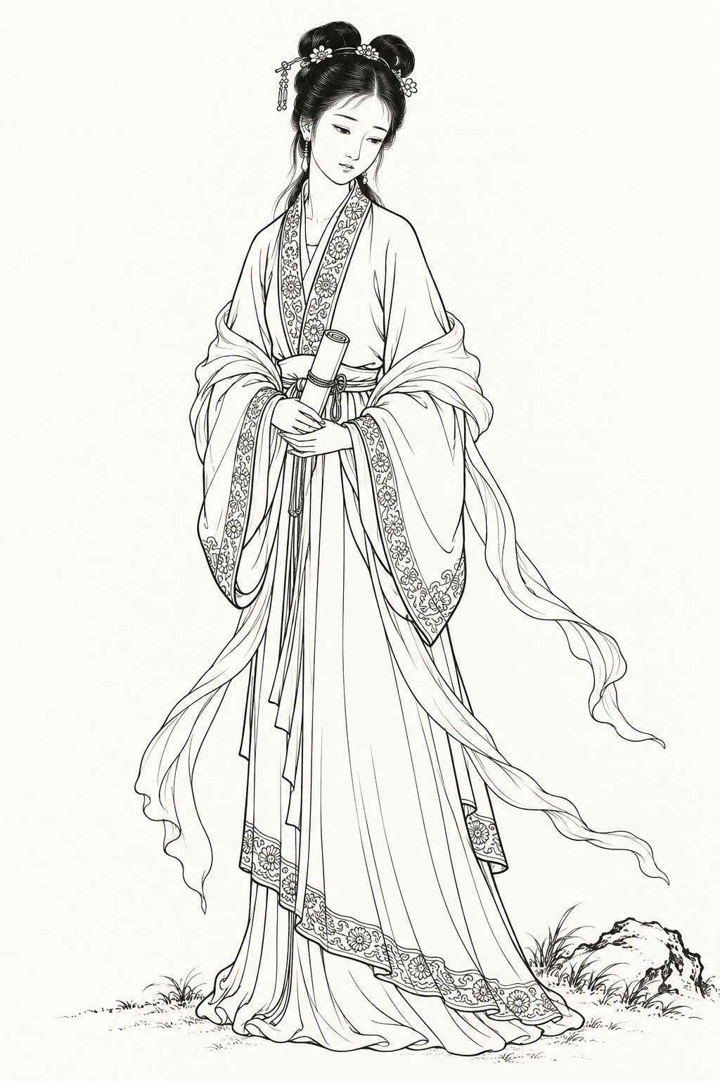 A line drawing in the manner of the character portraits of late-Qing lithographed novels: Nie Xiaoqian stands full-length, a young woman with her hair in two buns set with flowery hairpins, in a wide-sleeved robe with embroidered borders and a trailing scarf, her eyes lowered shyly and a rolled sutra scroll tied with a cord held in both hands before her.
