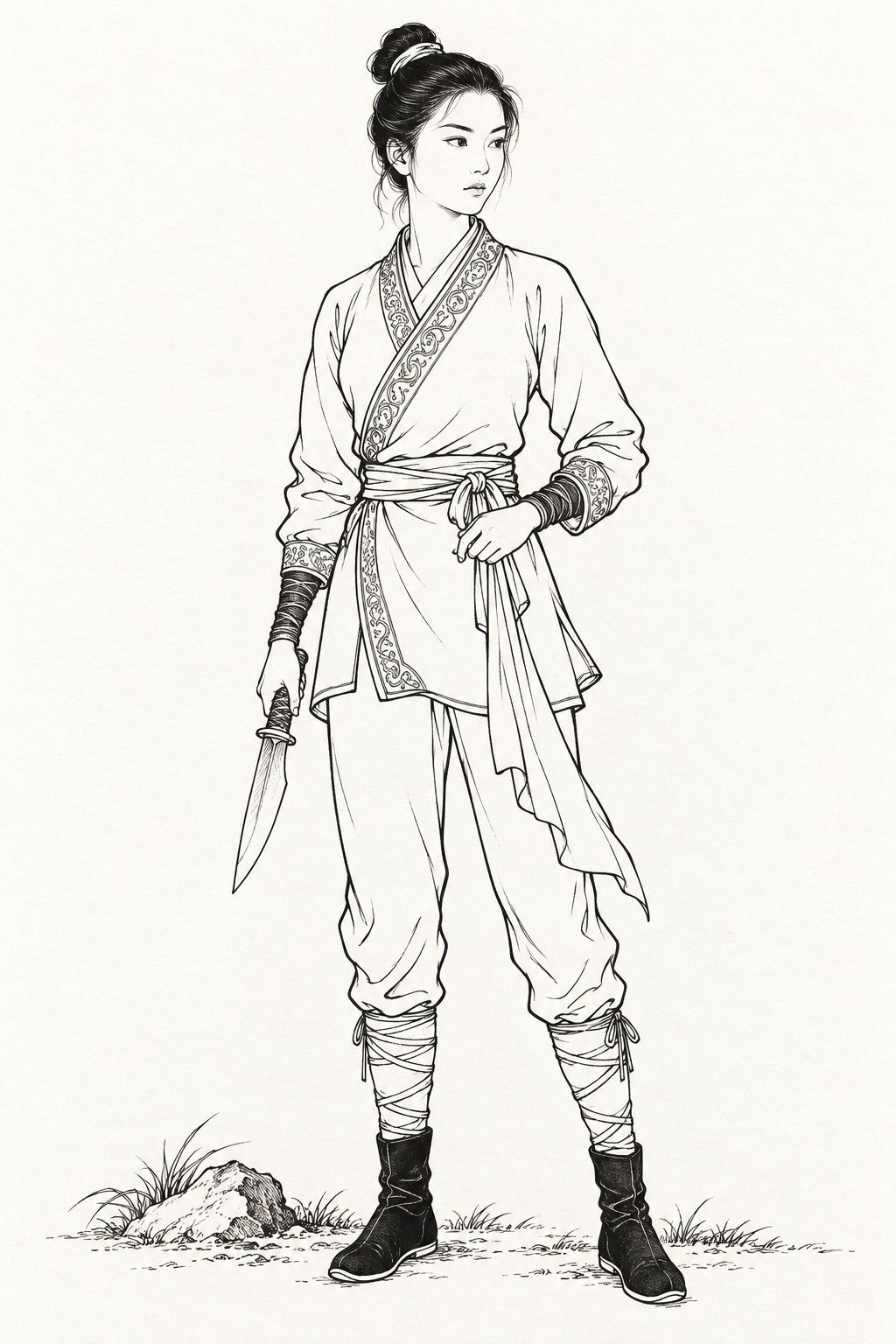 A line drawing in the manner of the character portraits of late-Qing lithographed novels: Nie Yinniang stands full-length, a lean young woman with her hair in a small bun, in a close-fitting short jacket tied with a sash and bound trousers, a short broad dagger held down in her right hand and her left hand at her waist, her face turned slightly aside.
