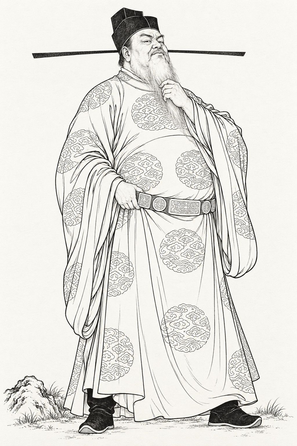 A line drawing in the manner of the character portraits of late-Qing lithographed novels: Pang Ji, the grand preceptor, stands full-length in a winged official hat and a court robe woven with roundels, a corpulent old man with a long white beard and his belly thrust forward, stroking his beard with a cold, smug look.