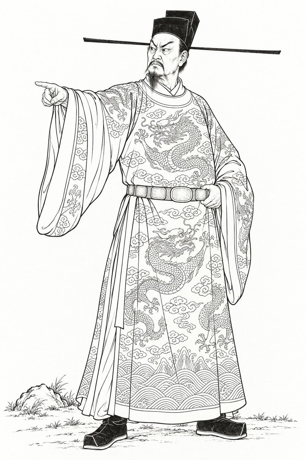 A line drawing in the manner of the character portraits of late-Qing lithographed novels: Chancellor Qin stands full-length in a tall black court hat with long flat wings and a wide-sleeved robe woven with dragons and clouds, a jewelled belt at his waist, a goatee on his stern face, one arm stretched out with a finger pointing as he gives an order and the other hand on his belt.